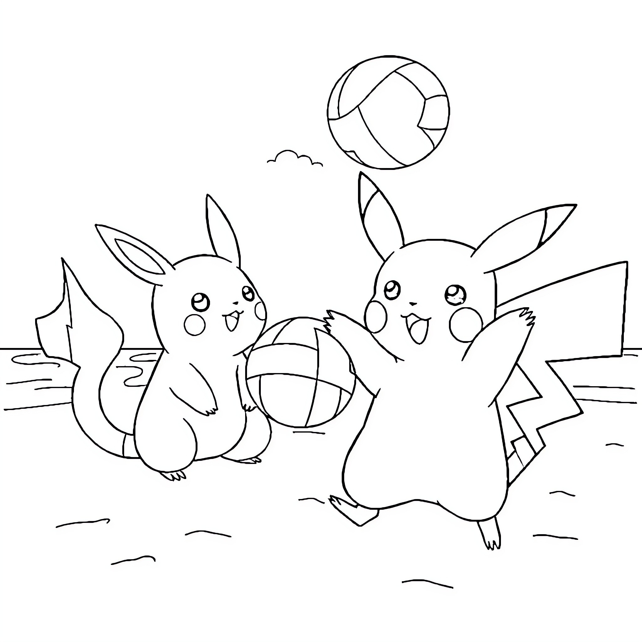 Pikachu and friends playing with a ball Coloring Page (free black-and-white line drawing printable PDF for all, from beginners to advanced learners, including children, teens, adults, and seniors)