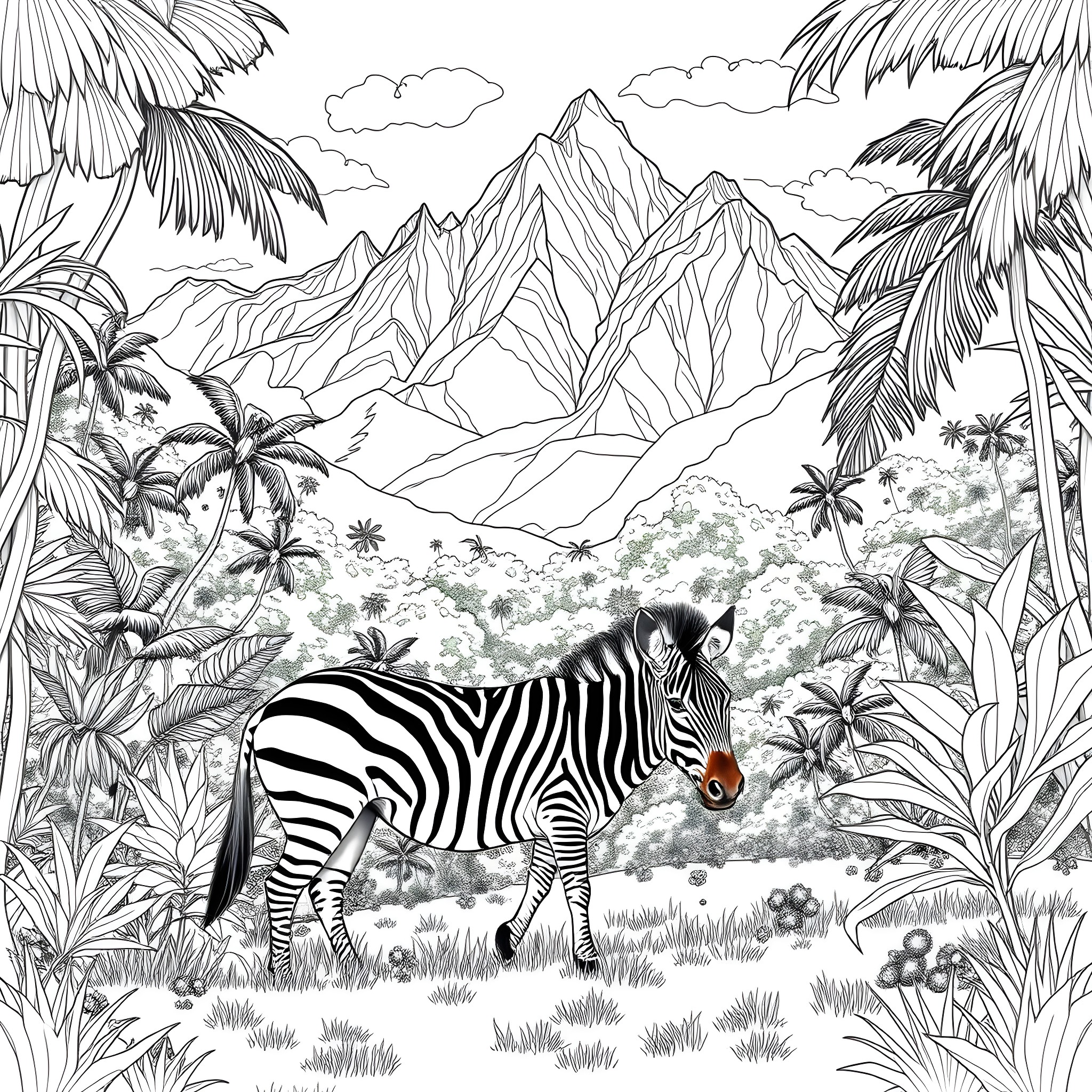 Zebra in Lush Tropical Landscape Coloring Page (free black-and-white line drawing printable PDF for all, from beginners to advanced learners, including children, teens, adults, and seniors)
