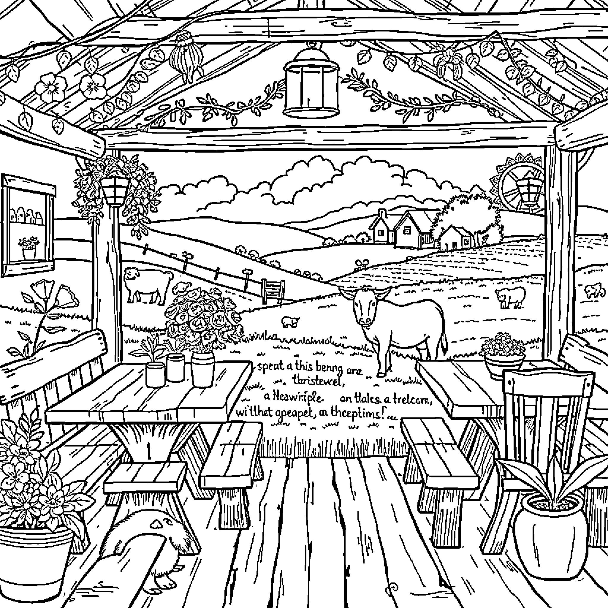Farm porch scene with animals and countryside landscape Coloring Page (free black-and-white line drawing printable PDF for all, from beginners to advanced learners, including children, teens, adults, and seniors)