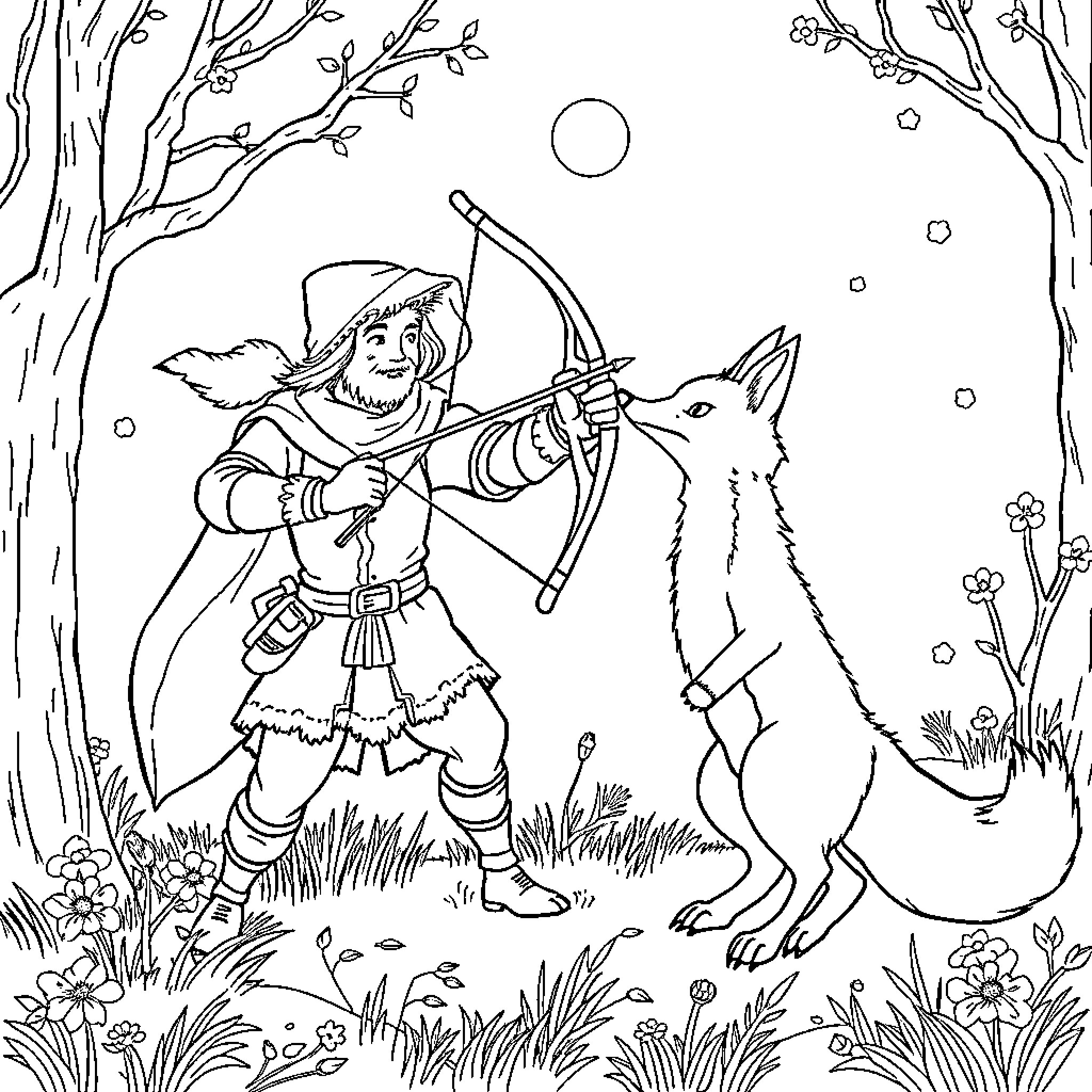 Archer aiming with a bow and arrow in the forest Coloring Page (free black-and-white line drawing printable PDF for all, from beginners to advanced learners, including children, teens, adults, and seniors)