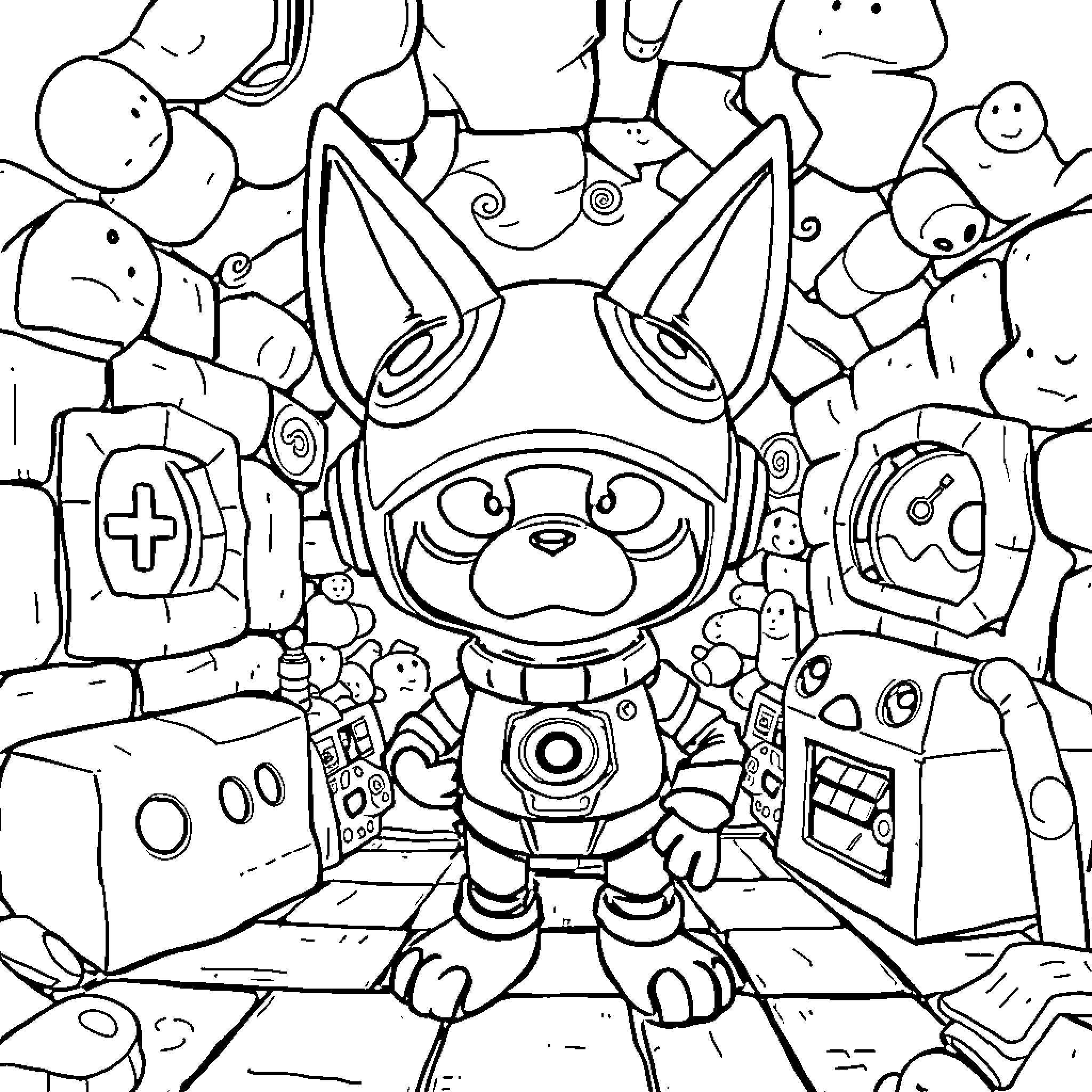Petscop: Eclectic Robot Companion Surrounded by Whimsical Imagery Coloring Page (free black-and-white line drawing printable PDF for all, from beginners to advanced learners, including children, teens, adults, and seniors)