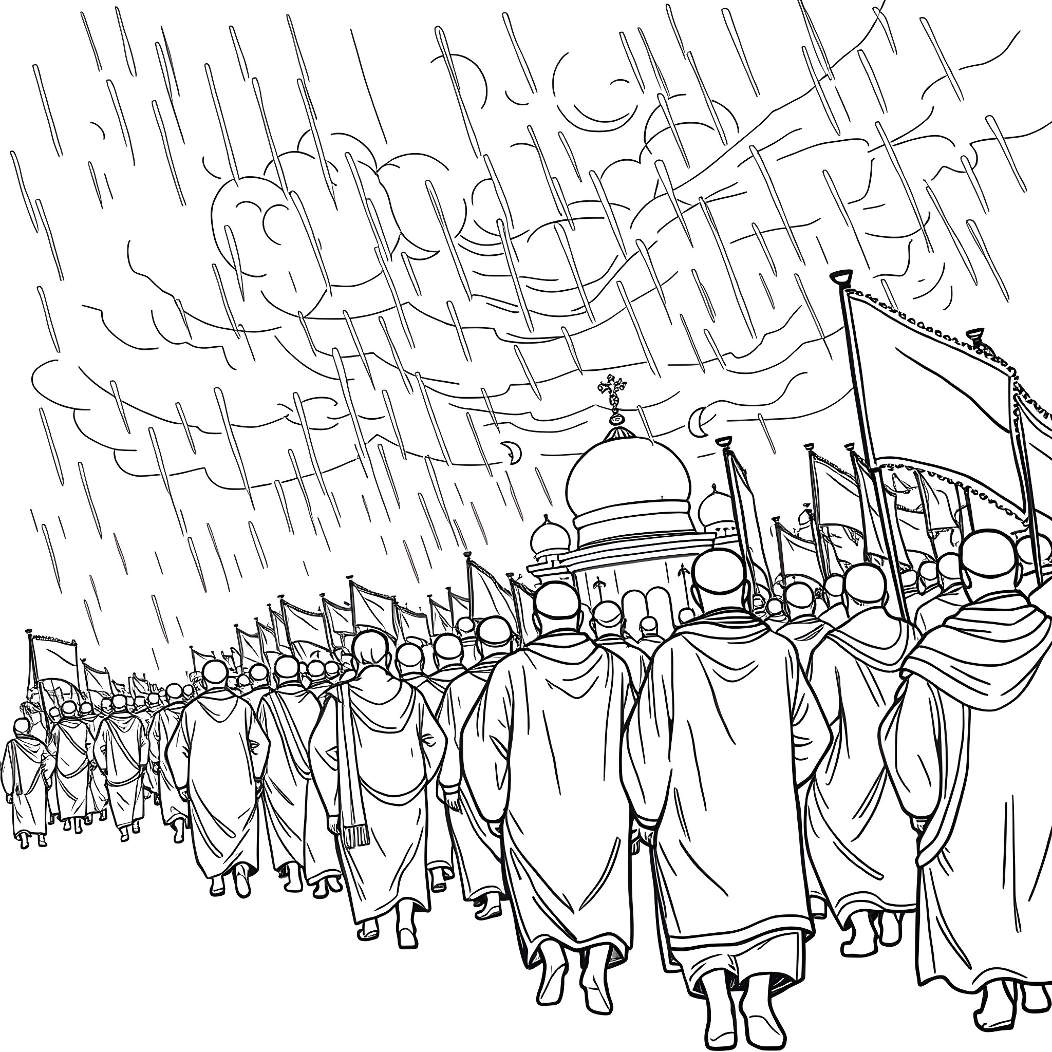 Muslim Procession in Stormy Weather Coloring Page (free black-and-white line drawing printable PDF for all, from beginners to advanced learners, including children, teens, adults, and seniors)