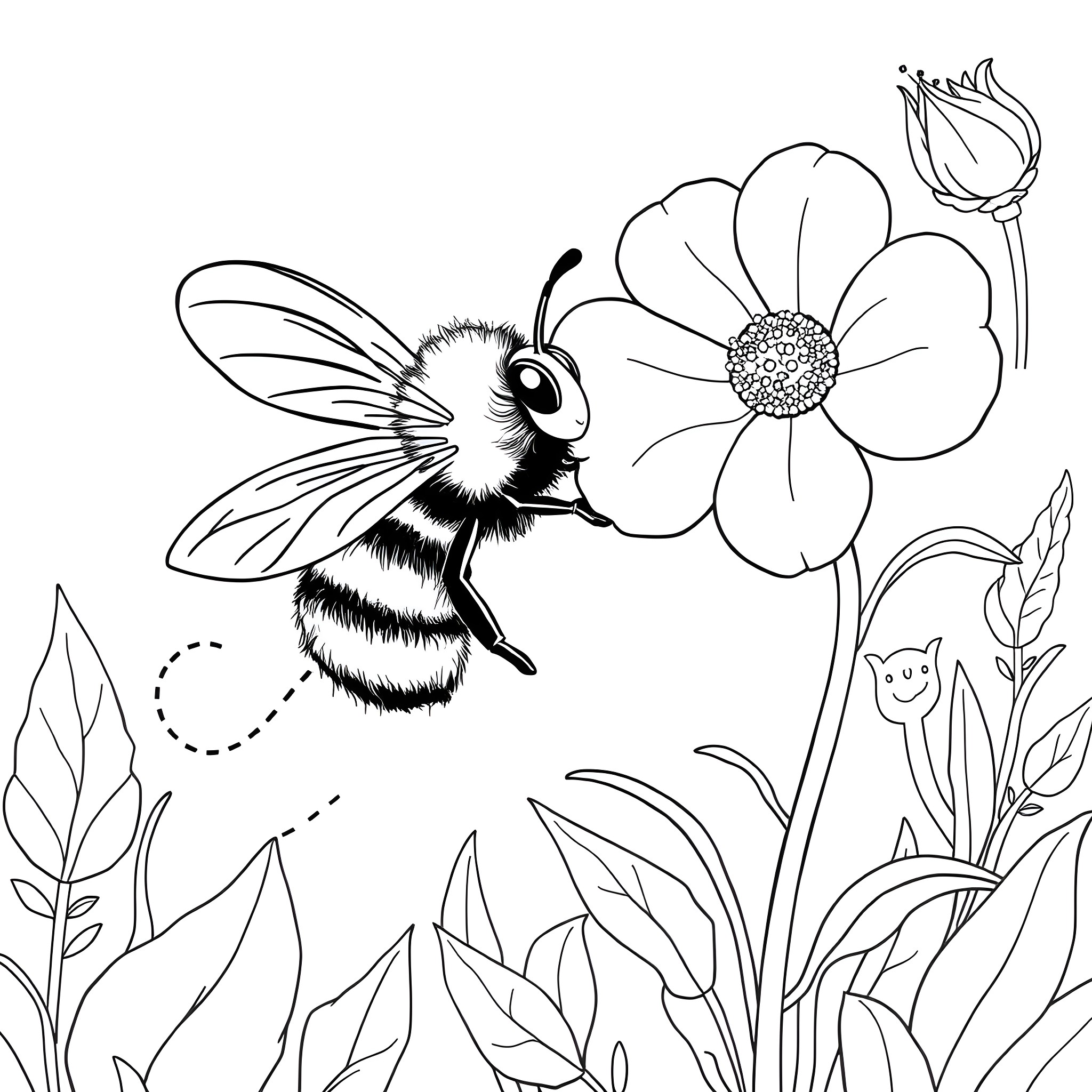 Bumblebee hovering near a flower in nature Coloring Page (free black-and-white line drawing printable PDF for all, from beginners to advanced learners, including children, teens, adults, and seniors)