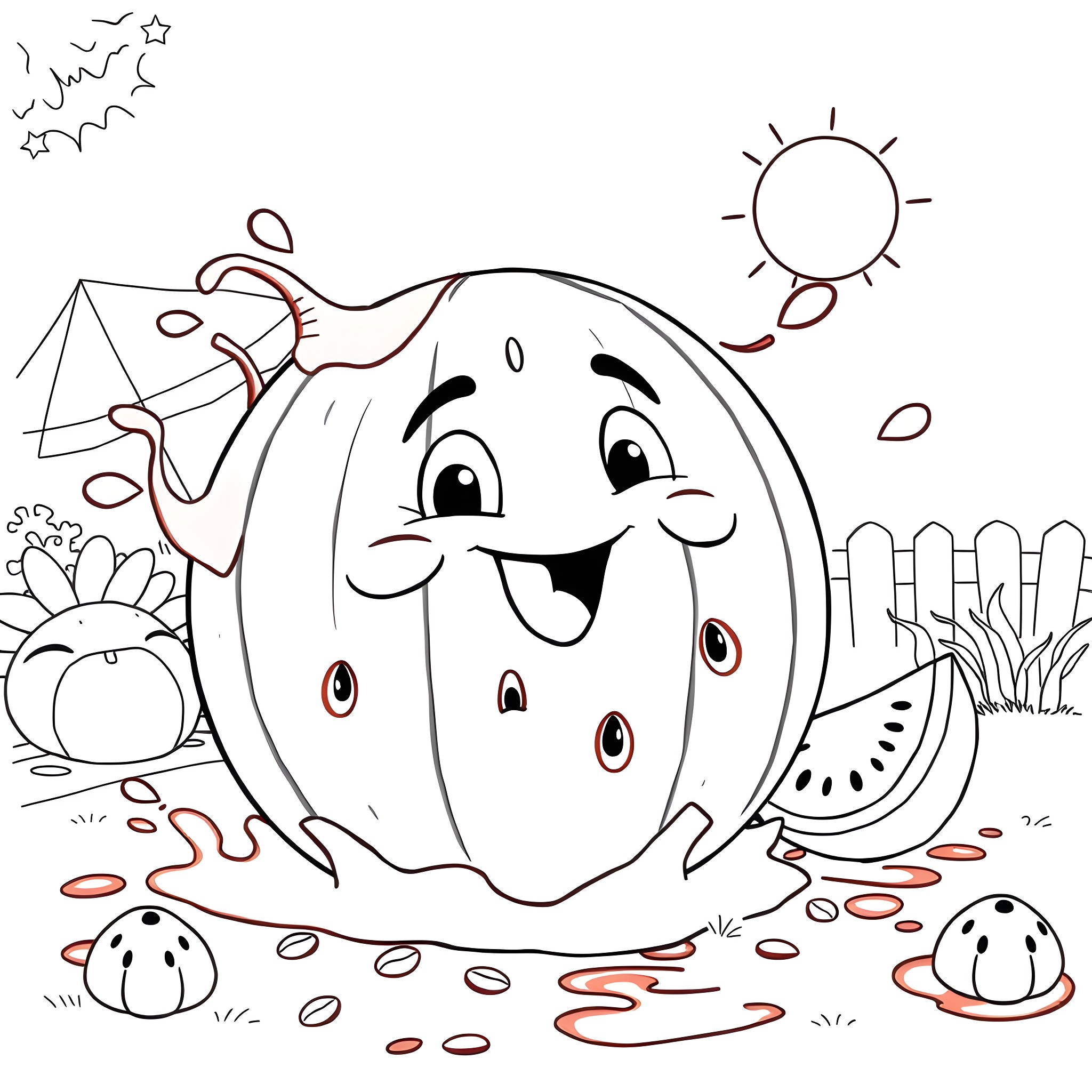 Watermelon enjoying a sunny day outdoors Coloring Page (free black-and-white line drawing printable PDF for all, from beginners to advanced learners, including children, teens, adults, and seniors)
