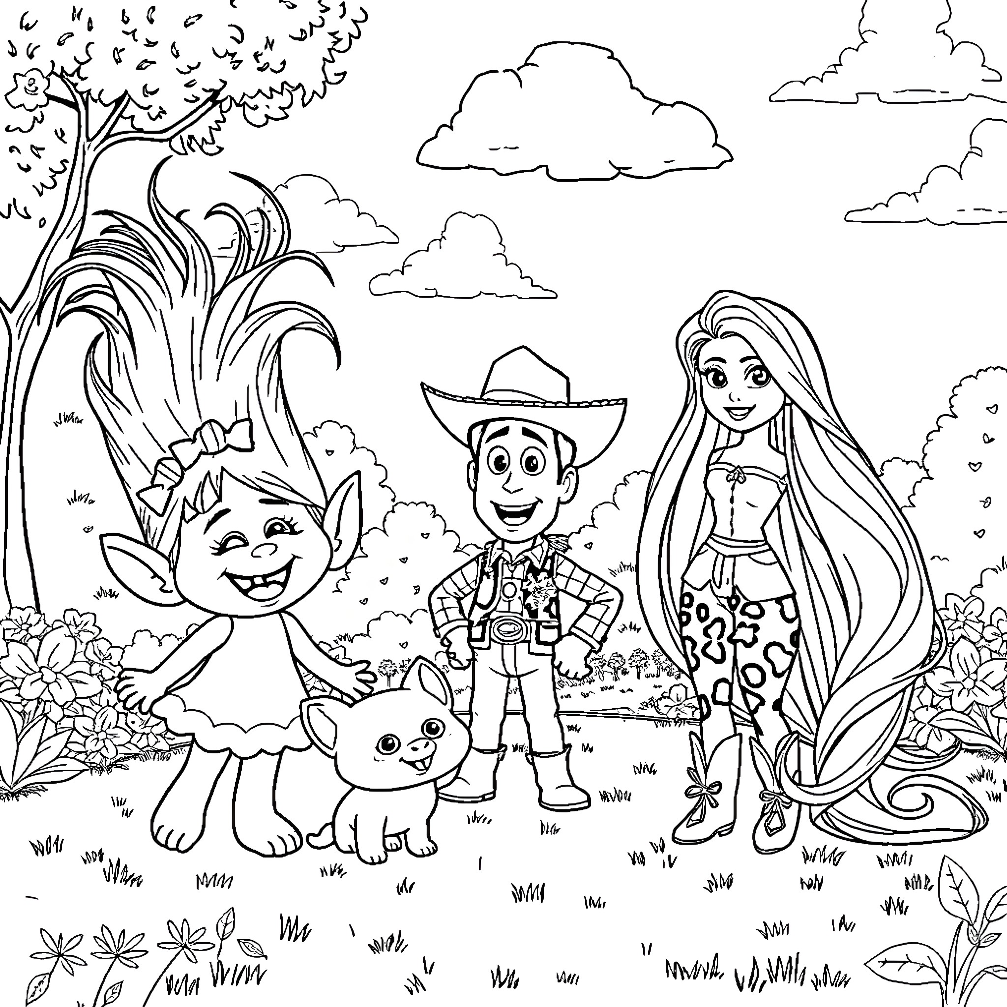 Character interaction in outdoor fantasy landscape Coloring Page (free black-and-white line drawing printable PDF for all, from beginners to advanced learners, including children, teens, adults, and seniors)