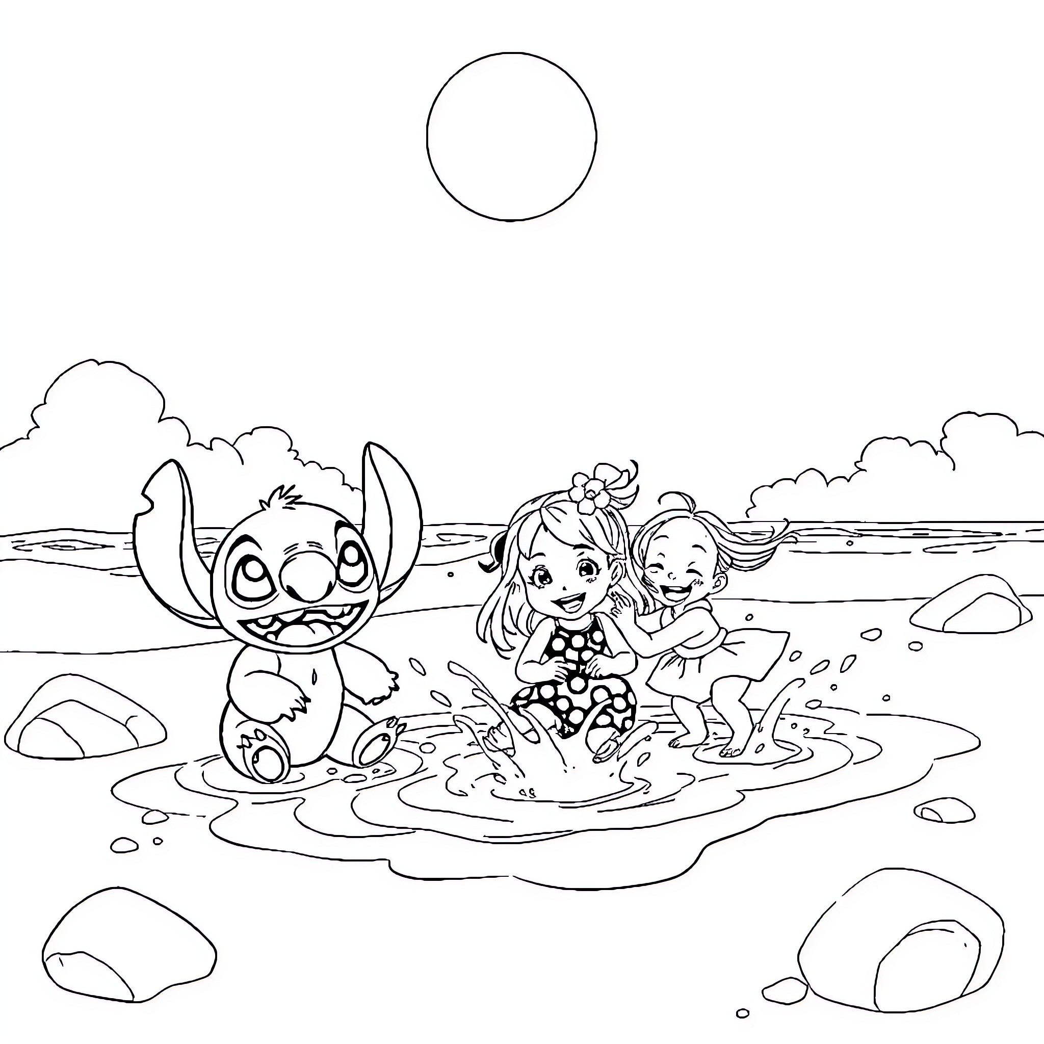 Lilo and Stitch playing joyfully at the beach Coloring Page (free black-and-white line drawing printable PDF for all, from beginners to advanced learners, including children, teens, adults, and seniors)