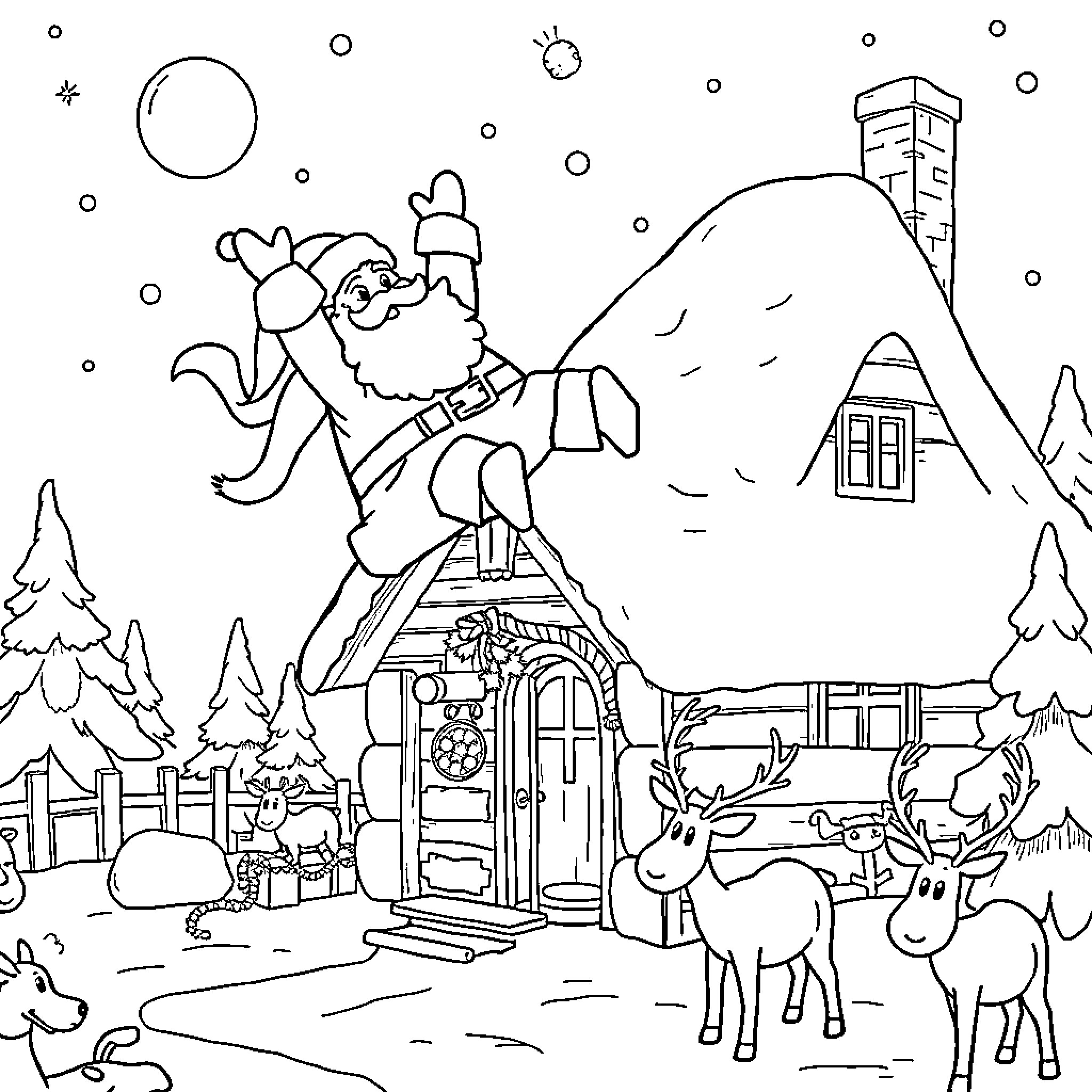 Santa Claus delivering gifts in a snowy village Coloring Page (free black-and-white line drawing printable PDF for all, from beginners to advanced learners, including children, teens, adults, and seniors)