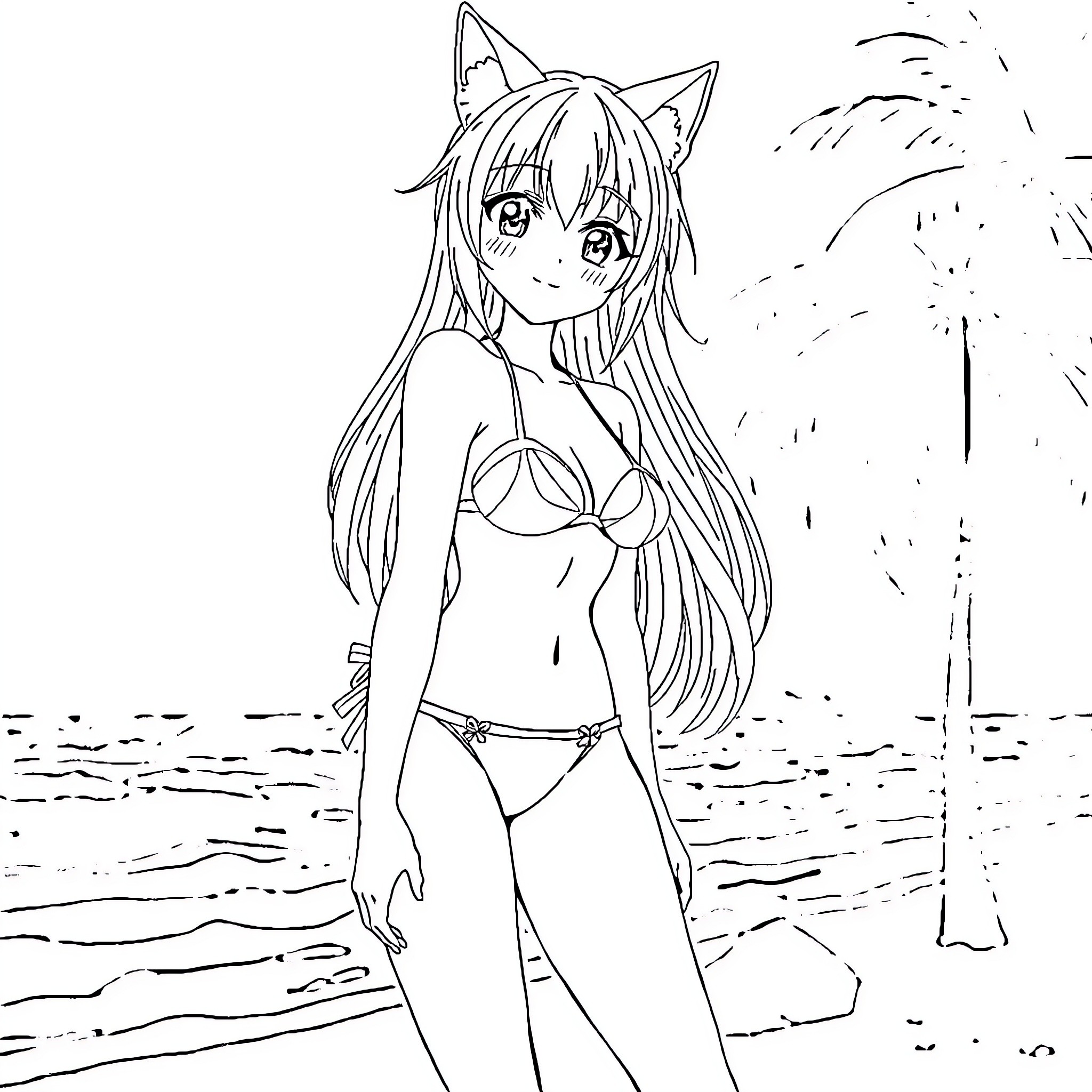 Anime Girl in Swimsuit by the Ocean Coloring Page (free black-and-white line drawing printable PDF for all, from beginners to advanced learners, including children, teens, adults, and seniors)