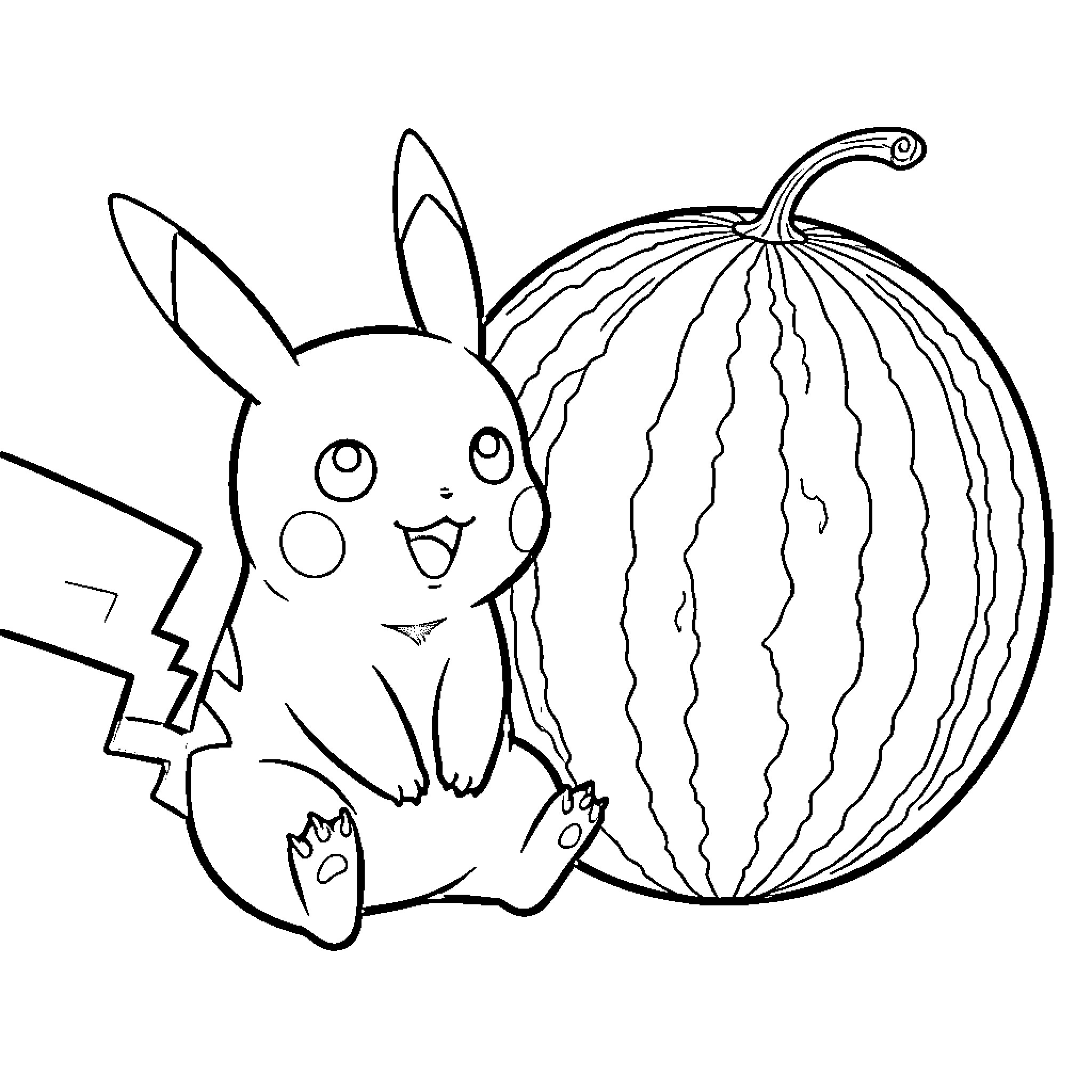 Pikachu playing with a giant watermelon Coloring Page (free black-and-white line drawing printable PDF for all, from beginners to advanced learners, including children, teens, adults, and seniors)