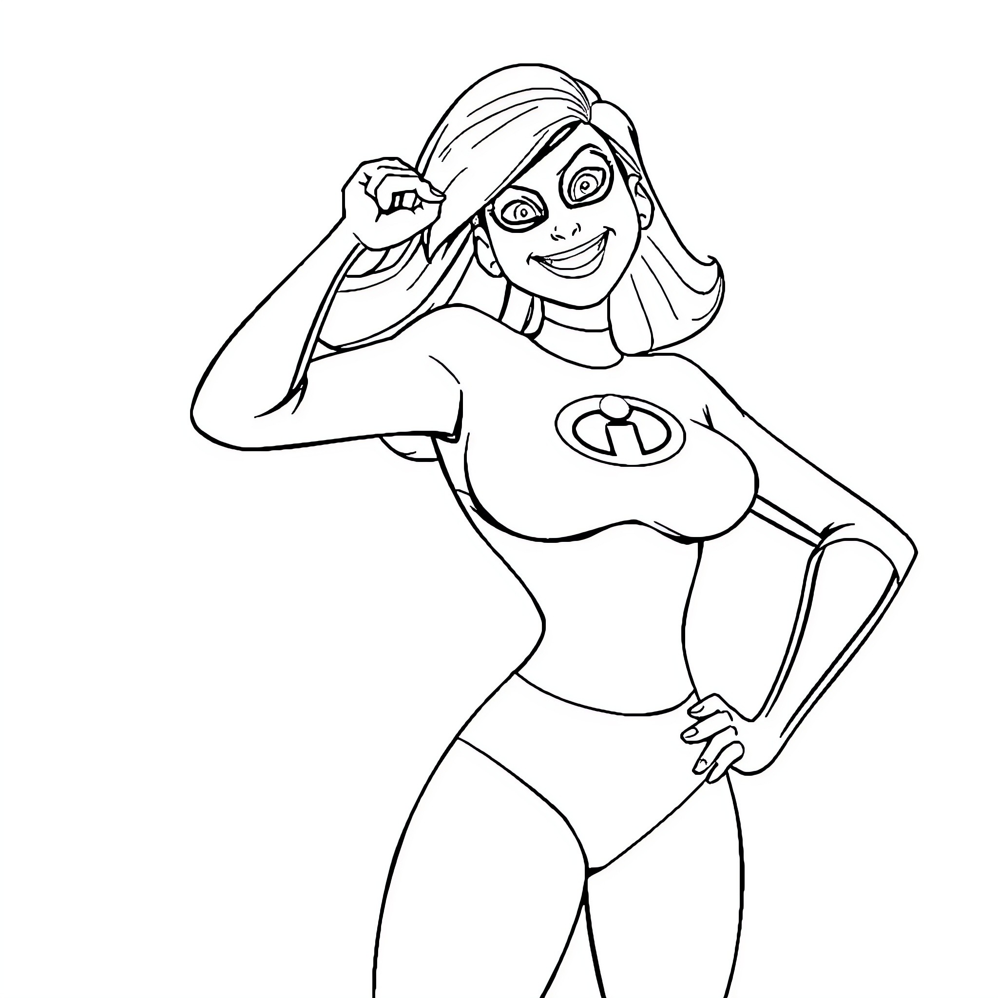 Mrs. Incredible striking a confident pose Coloring Page (free black-and-white line drawing printable PDF for all, from beginners to advanced learners, including children, teens, adults, and seniors)