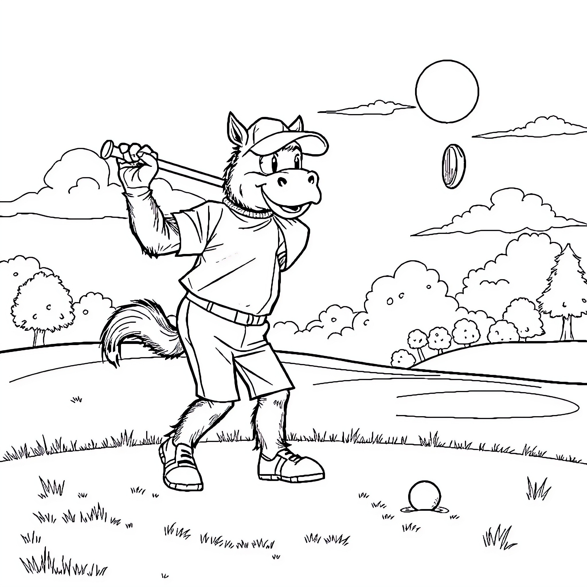 Musclor playing golf in a lush outdoor setting Coloring Page (free black-and-white line drawing printable PDF for all, from beginners to advanced learners, including children, teens, adults, and seniors)