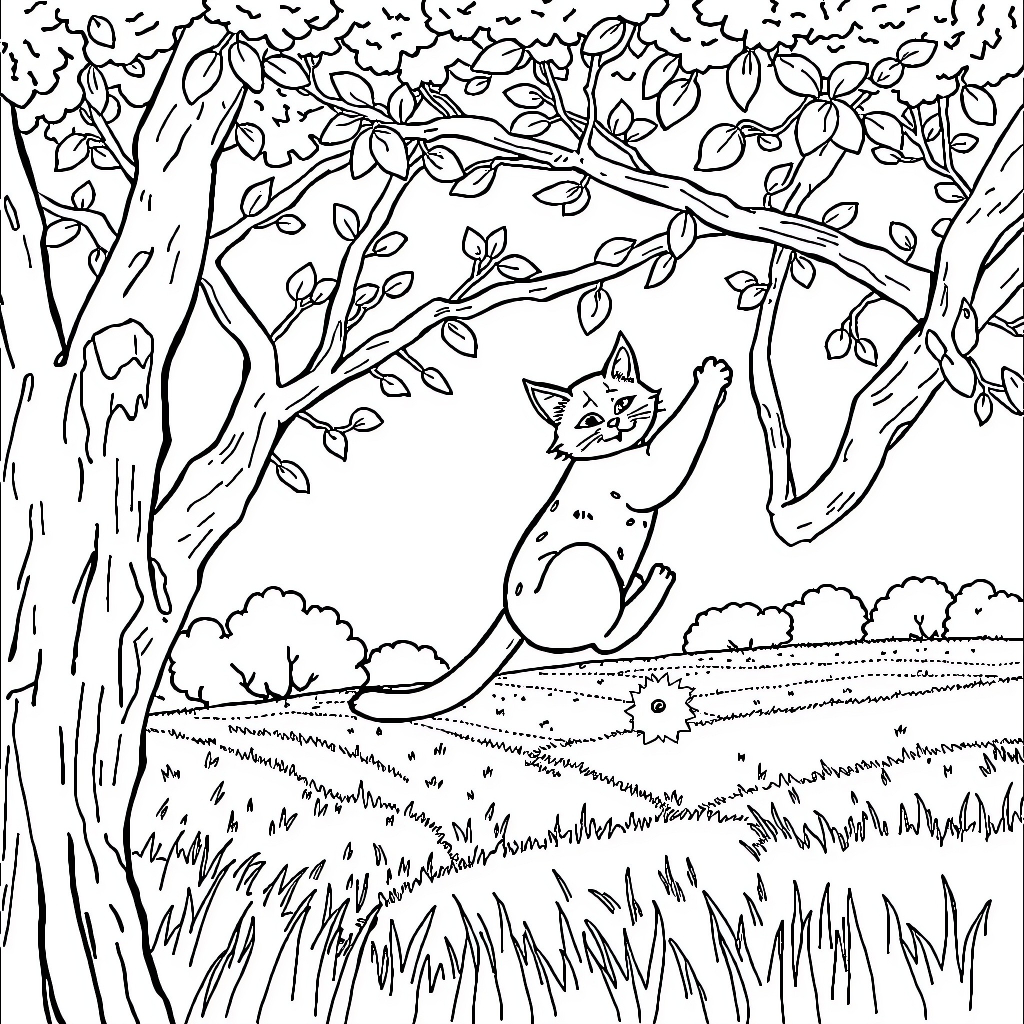 Chat with a Feline Friend in the Forest Coloring Page (free black-and-white line drawing printable PDF for all, from beginners to advanced learners, including children, teens, adults, and seniors)