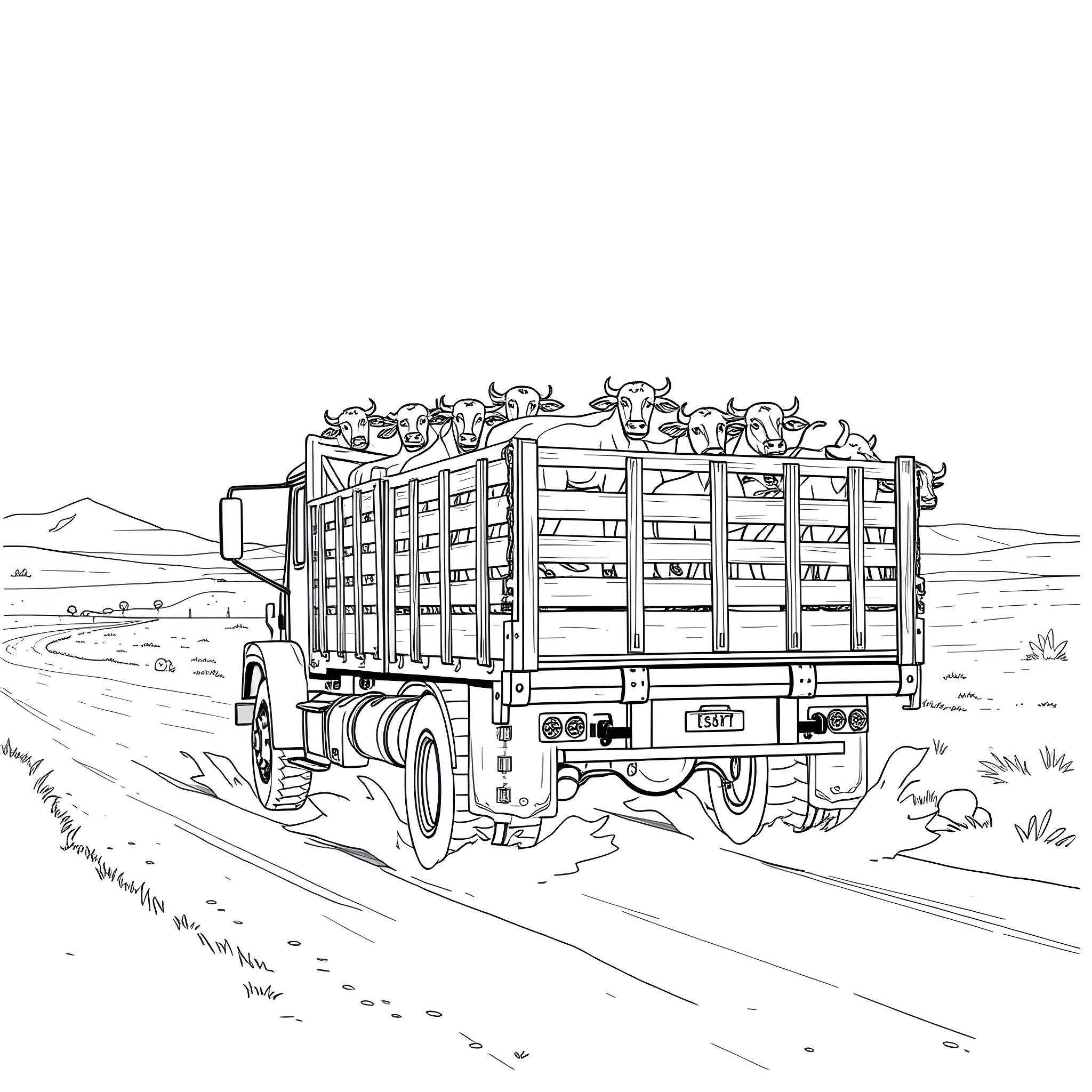 Cattle Truck Transporting Livestock on a Dusty Road Coloring Page (free black-and-white line drawing printable PDF for all, from beginners to advanced learners, including children, teens, adults, and seniors)