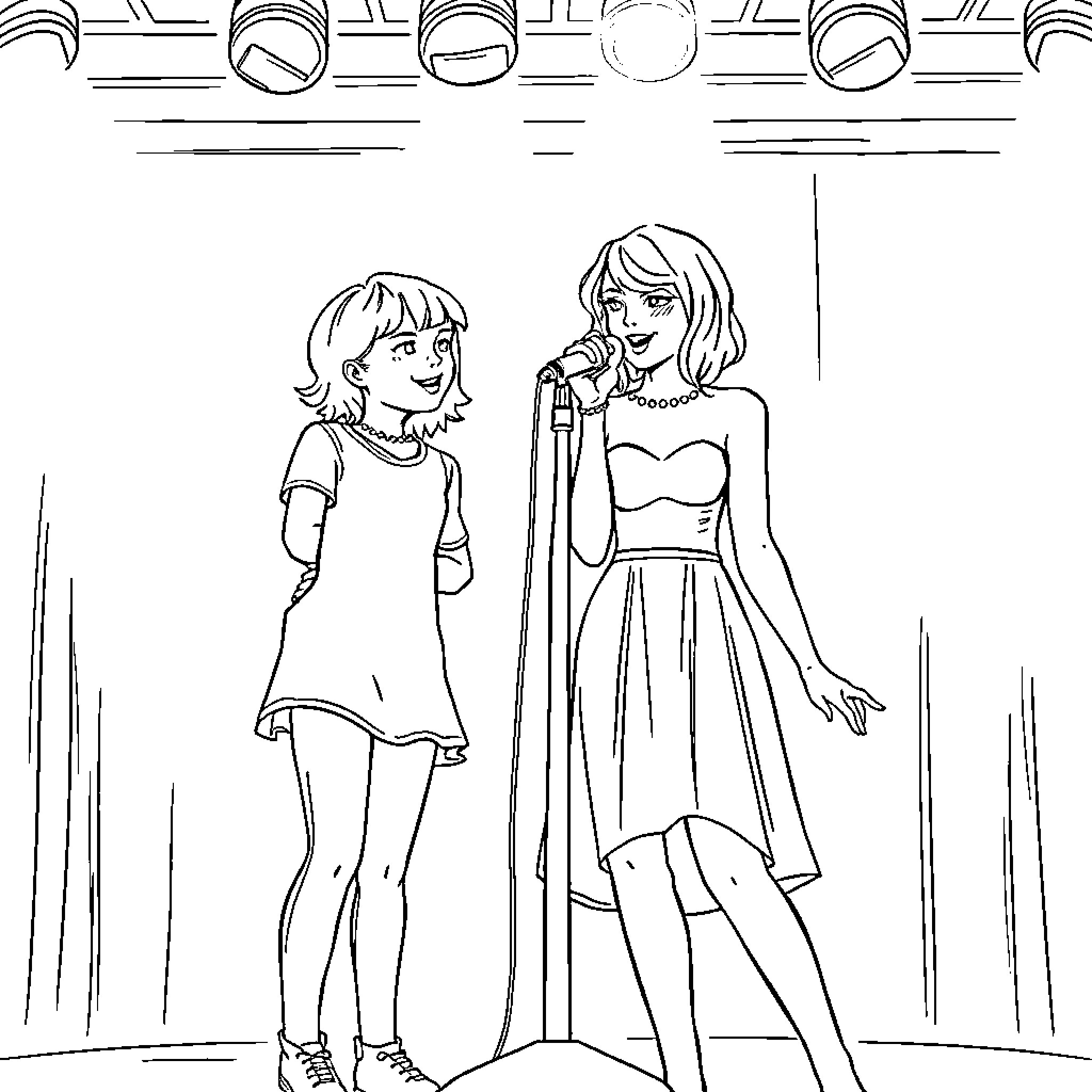 Gabby and her friend perform on stage Coloring Page (free black-and-white line drawing printable PDF for all, from beginners to advanced learners, including children, teens, adults, and seniors)