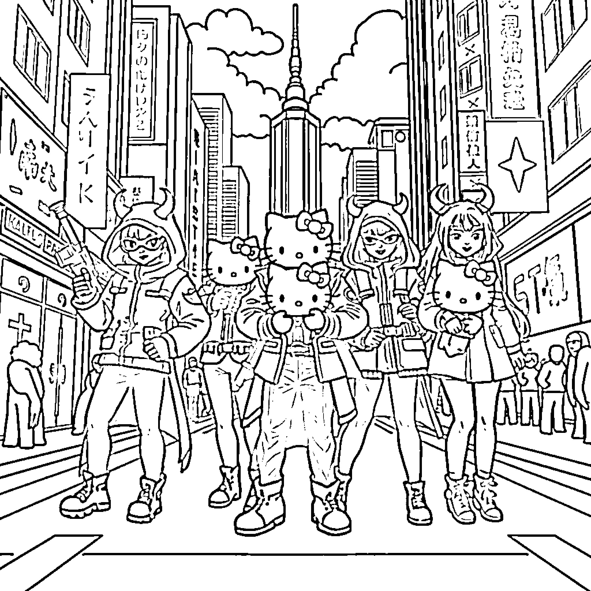 Demon Hunter Anime Characters in the City Coloring Page (free black-and-white line drawing printable PDF for all, from beginners to advanced learners, including children, teens, adults, and seniors)