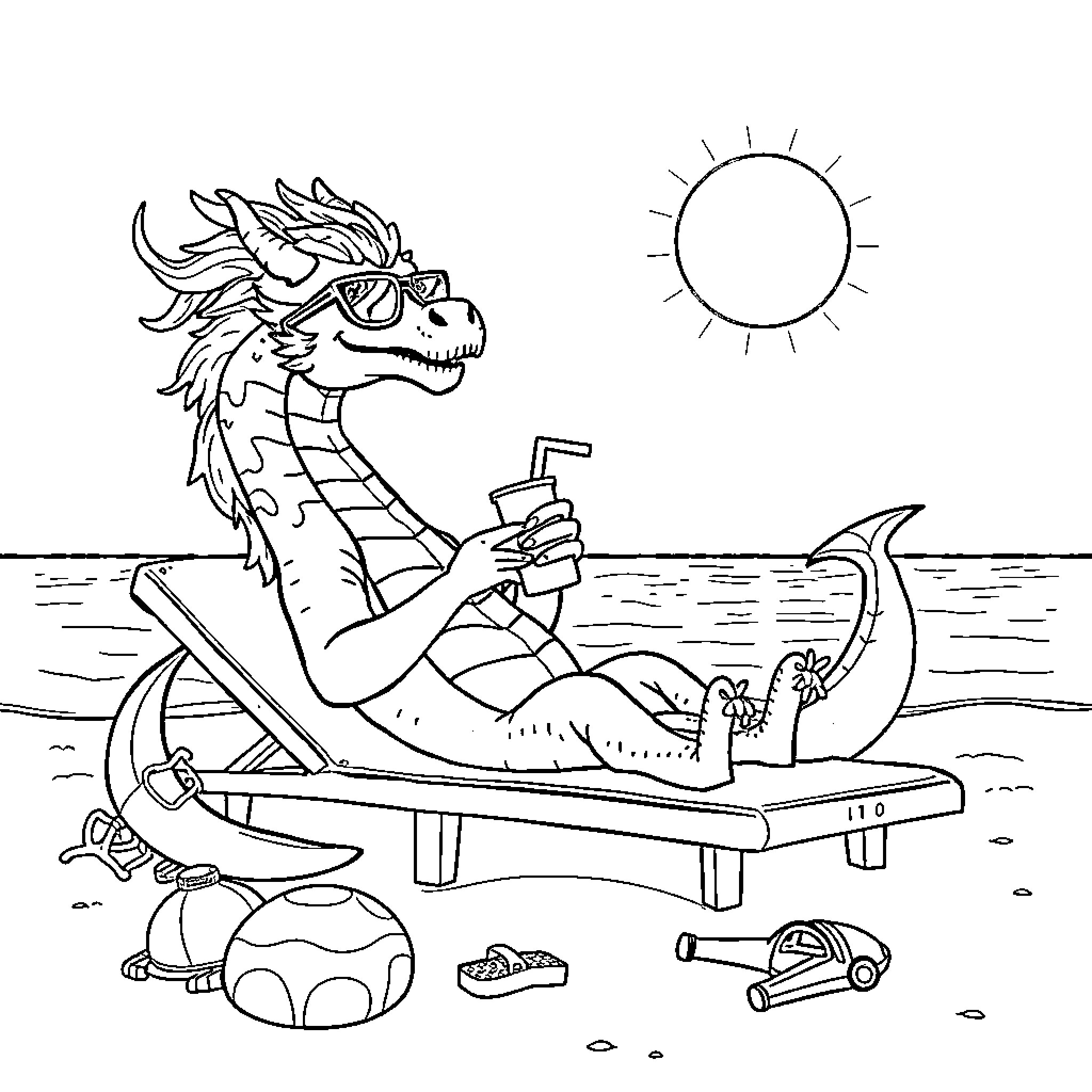 Fire Dragon relaxing on beach lounge chair Coloring Page (free black-and-white line drawing printable PDF for all, from beginners to advanced learners, including children, teens, adults, and seniors)