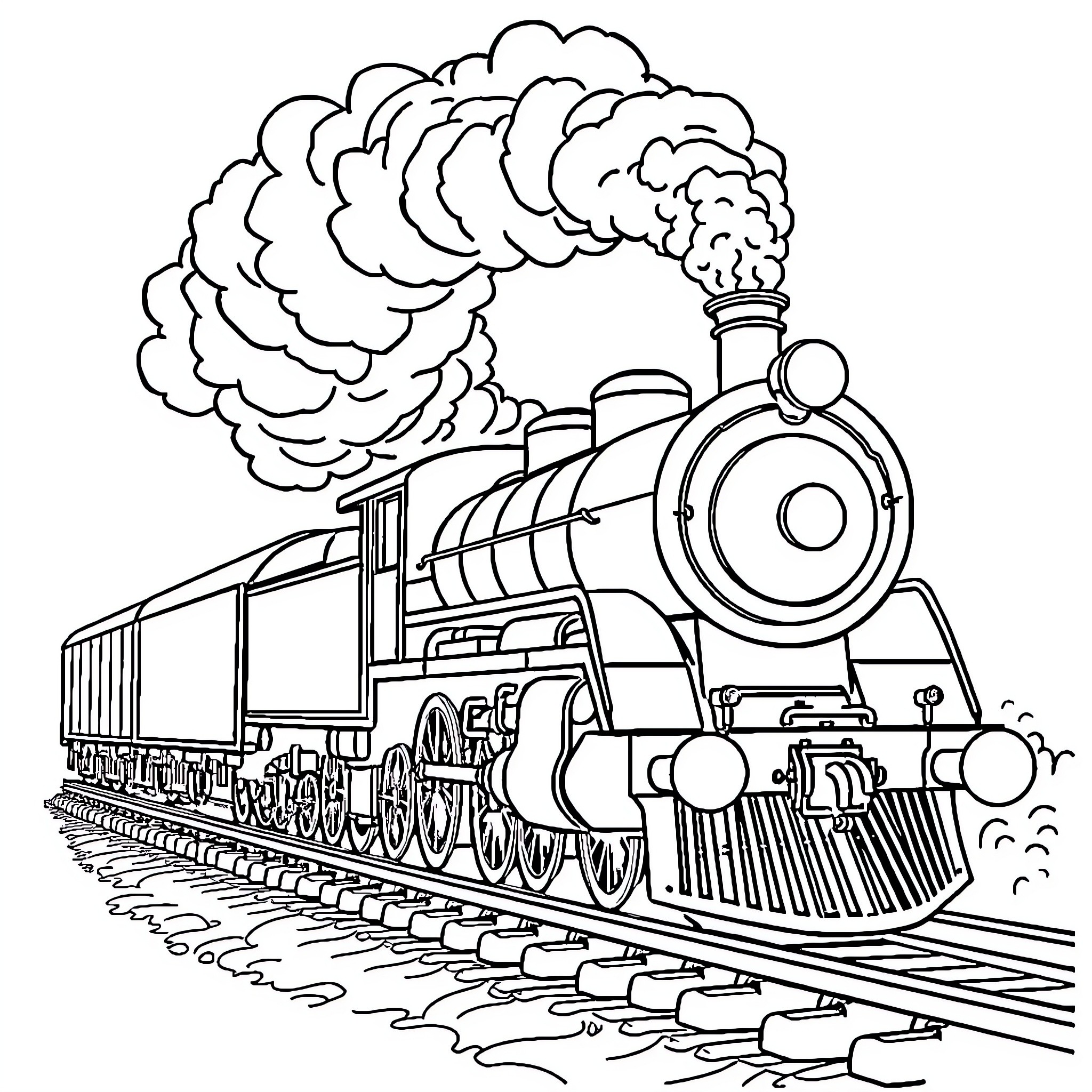 Locomotive steaming down the tracks Coloring Page (free black-and-white line drawing printable PDF for all, from beginners to advanced learners, including children, teens, adults, and seniors)