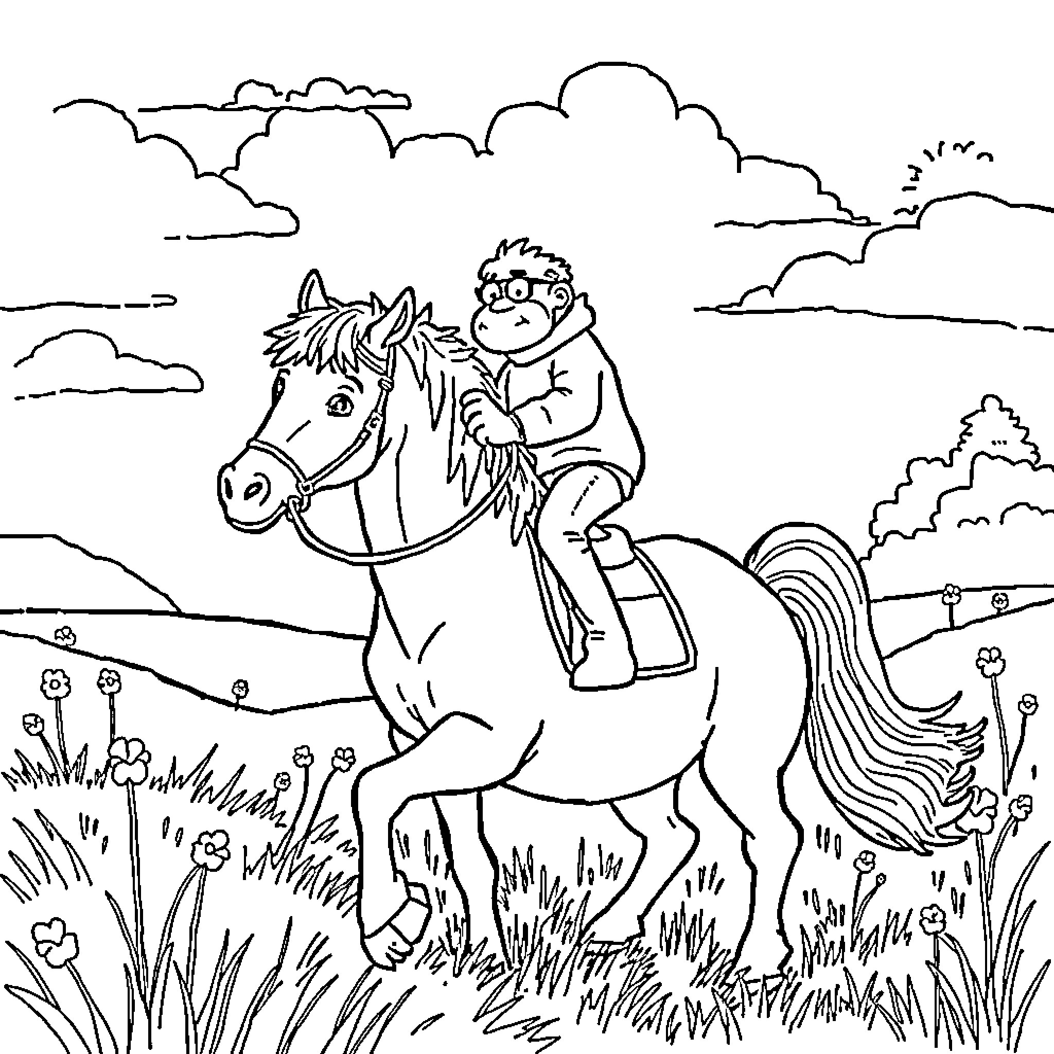 Mouton riding horse in pastoral landscape Coloring Page (free black-and-white line drawing printable PDF for all, from beginners to advanced learners, including children, teens, adults, and seniors)