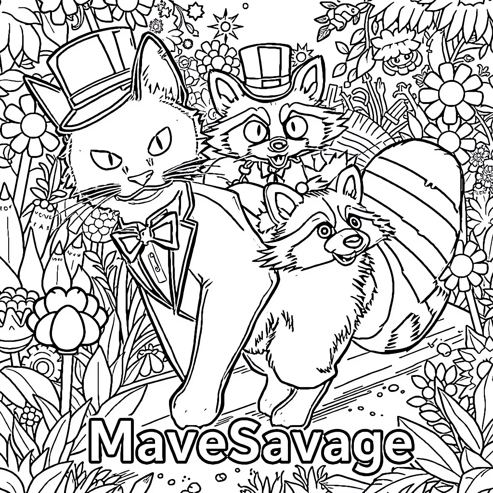 Cats, Raccoons, and Flowers in a Whimsical Scene Coloring Page (free black-and-white line drawing printable PDF for all, from beginners to advanced learners, including children, teens, adults, and seniors)