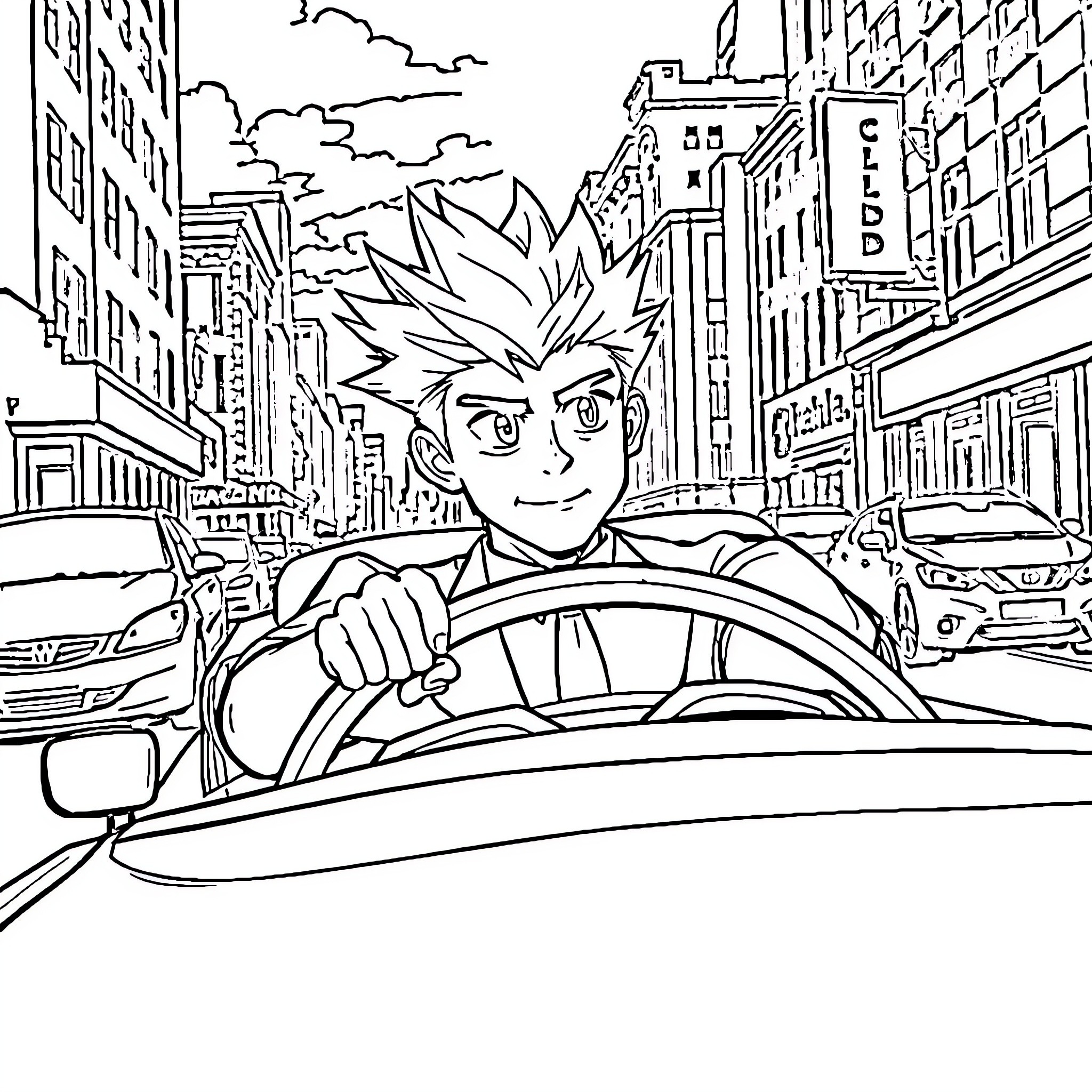 Cloud Strife driving through the city Coloring Page (free black-and-white line drawing printable PDF for all, from beginners to advanced learners, including children, teens, adults, and seniors)