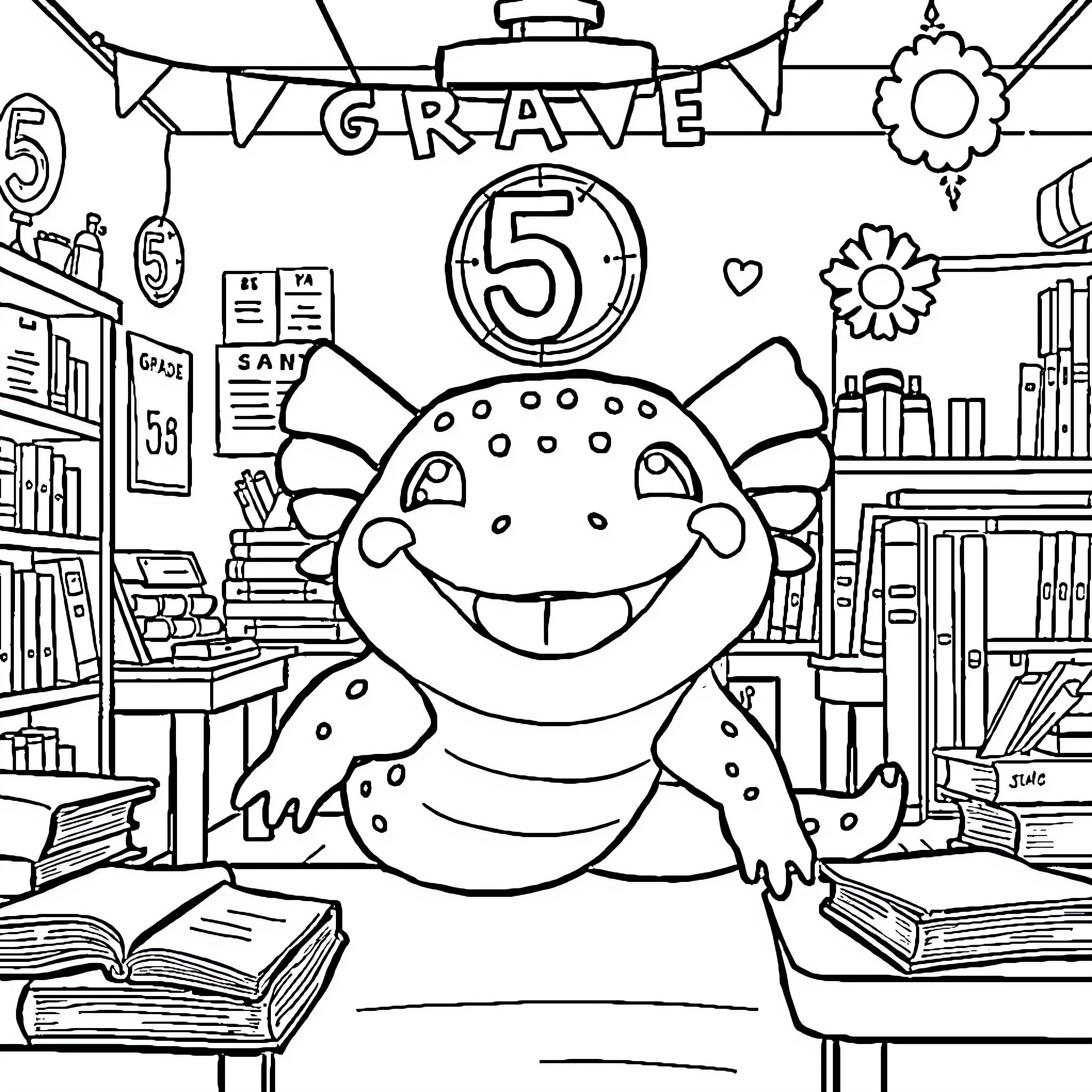 Axolotl celebrating 5th grade graduation Coloring Page (free black-and-white line drawing printable PDF for all, from beginners to advanced learners, including children, teens, adults, and seniors)