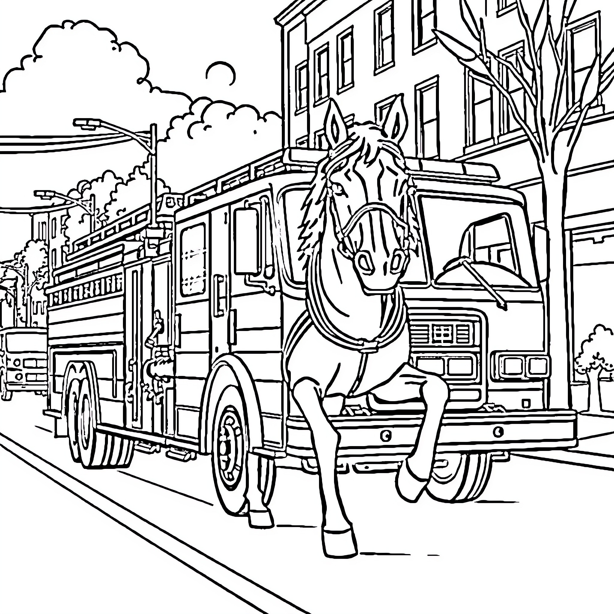 Fire Truck Riding with Horse in City Scene Coloring Page (free black-and-white line drawing printable PDF for all, from beginners to advanced learners, including children, teens, adults, and seniors)