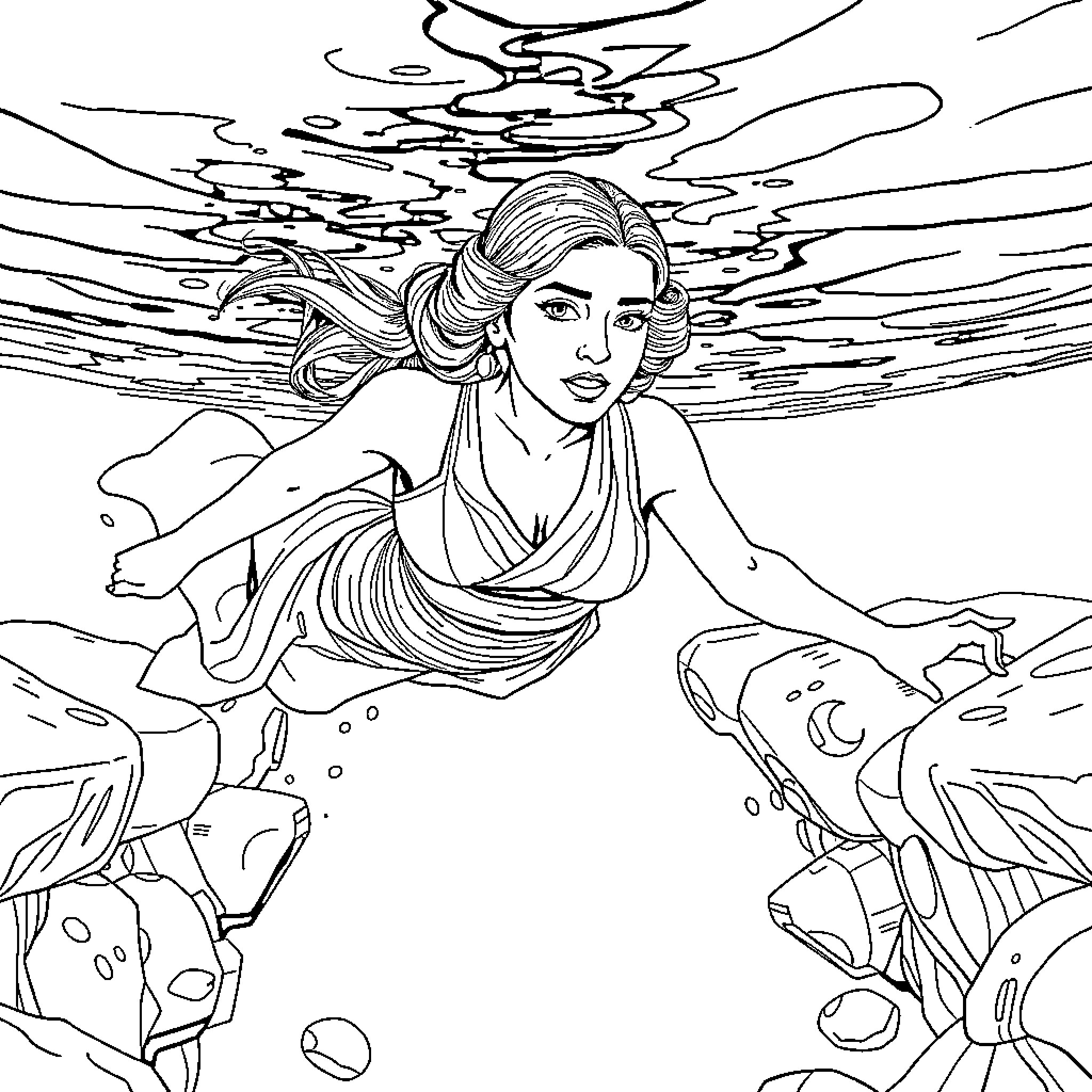 Princess Leia Swimming Underwater with Marine Life Coloring Page (free black-and-white line drawing printable PDF for all, from beginners to advanced learners, including children, teens, adults, and seniors)