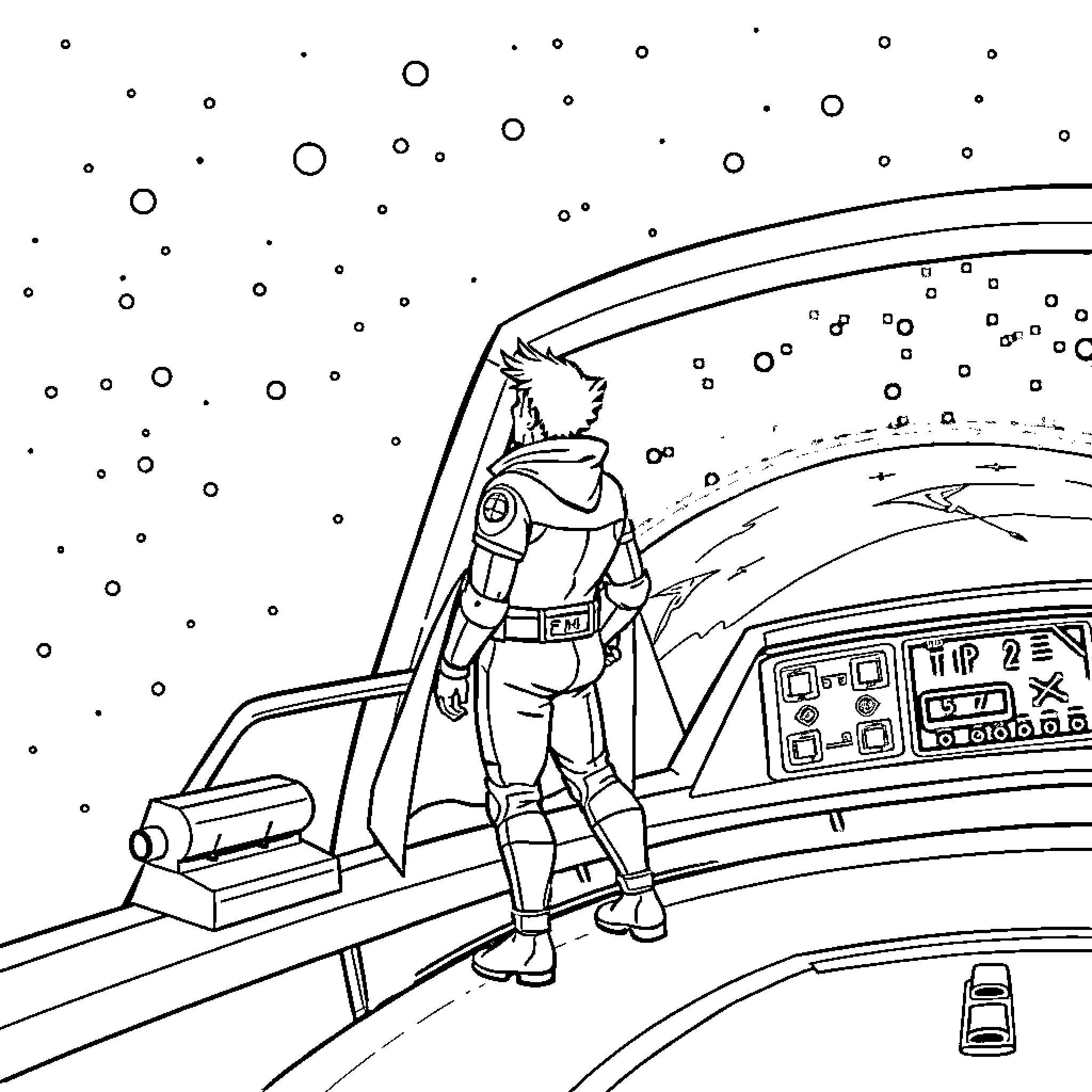 Albator looking out at the vast starry space Coloring Page (free black-and-white line drawing printable PDF for all, from beginners to advanced learners, including children, teens, adults, and seniors)