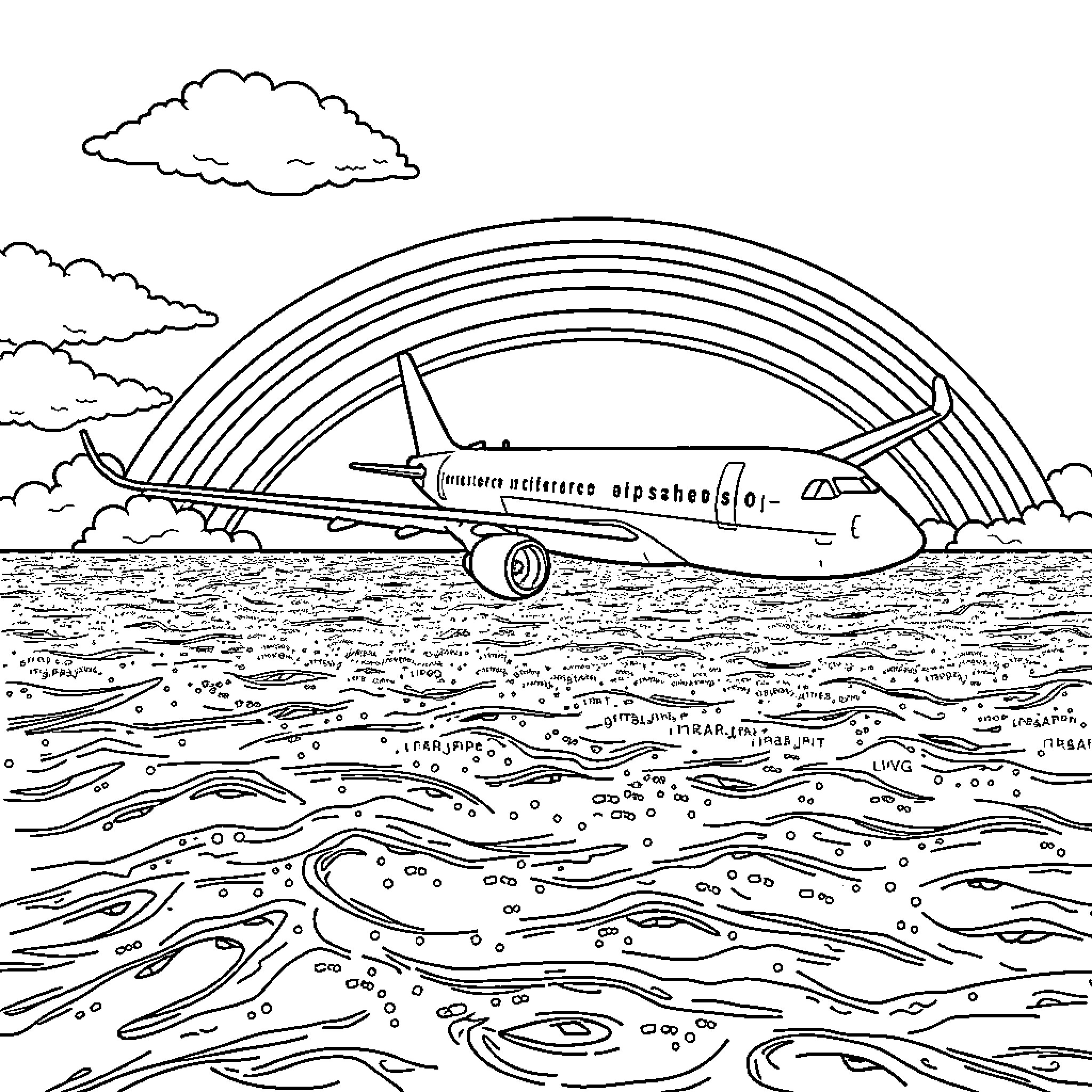 Airplane flying over a vibrant rainbow in the sky Coloring Page (free black-and-white line drawing printable PDF for all, from beginners to advanced learners, including children, teens, adults, and seniors)