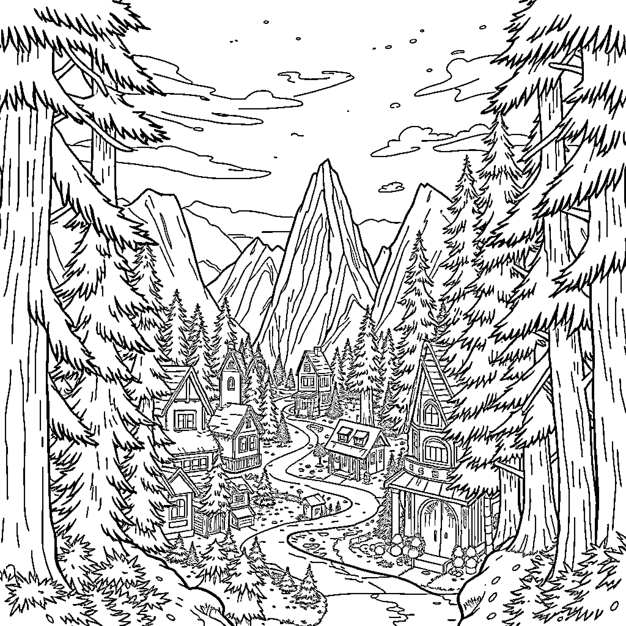 Gravity Falls: Wintry Mountain Village Coloring Page (free black-and-white line drawing printable PDF for all, from beginners to advanced learners, including children, teens, adults, and seniors)