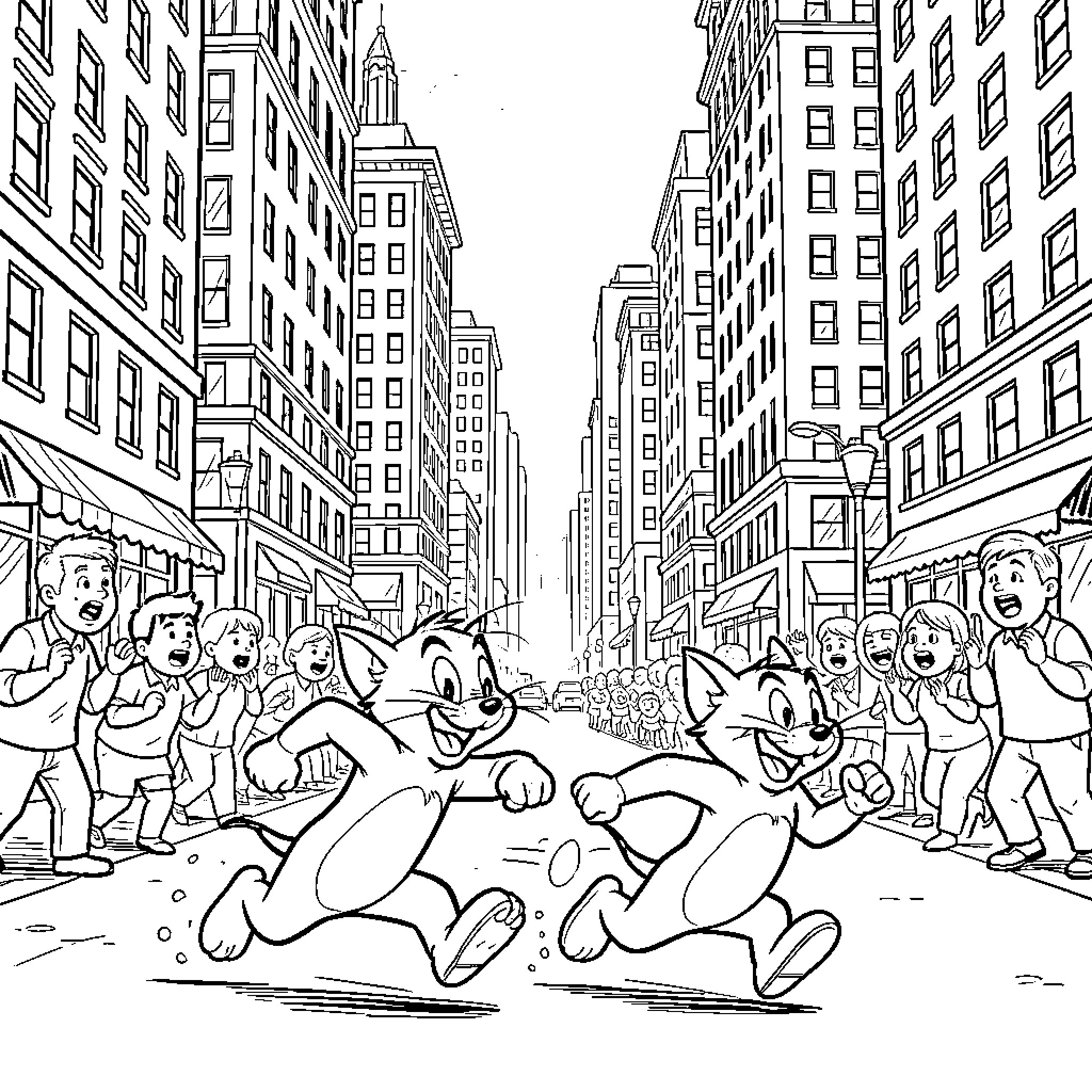 Tom and Jerry chasing through busy city streets Coloring Page (free black-and-white line drawing printable PDF for all, from beginners to advanced learners, including children, teens, adults, and seniors)