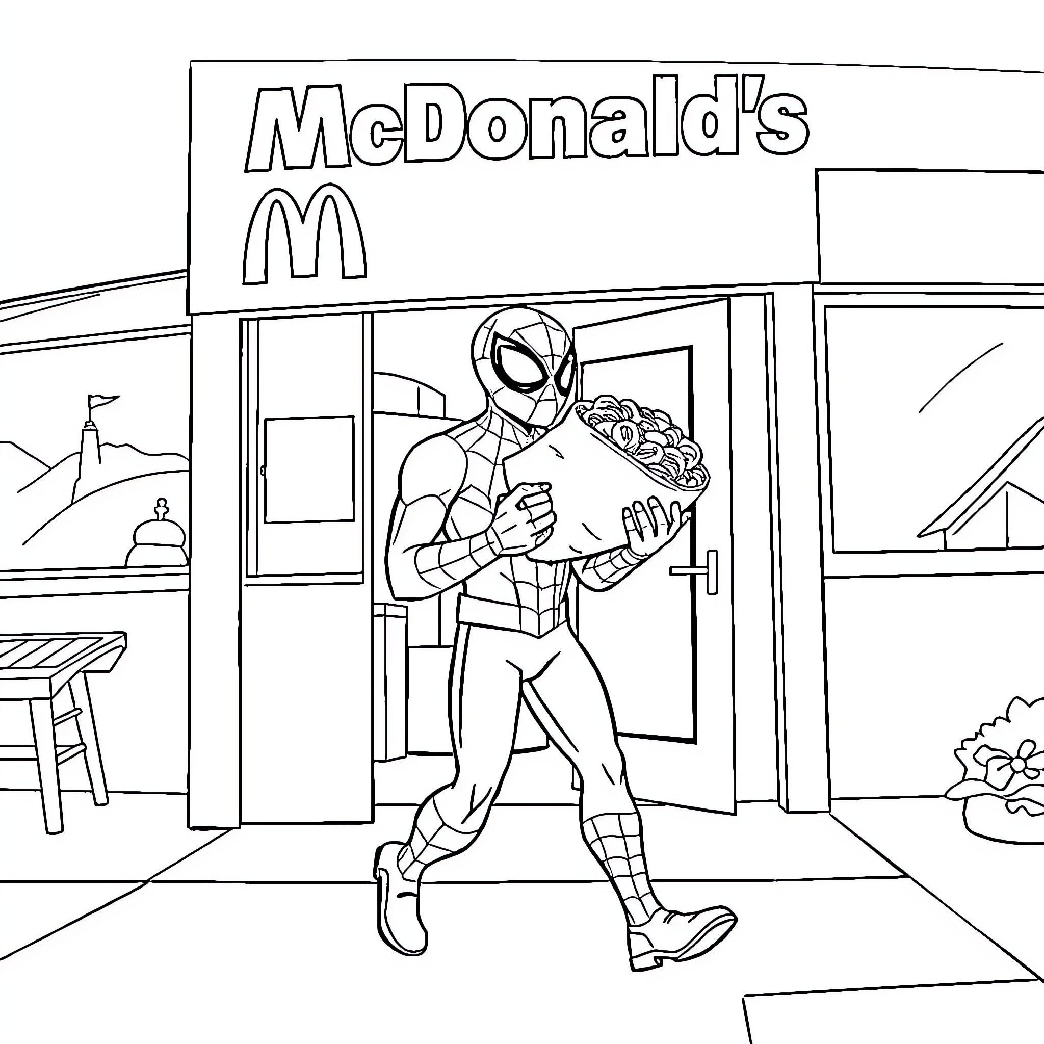 Spiderman enjoying a burger at McDonald's Coloring Page (free black-and-white line drawing printable PDF for all, from beginners to advanced learners, including children, teens, adults, and seniors)