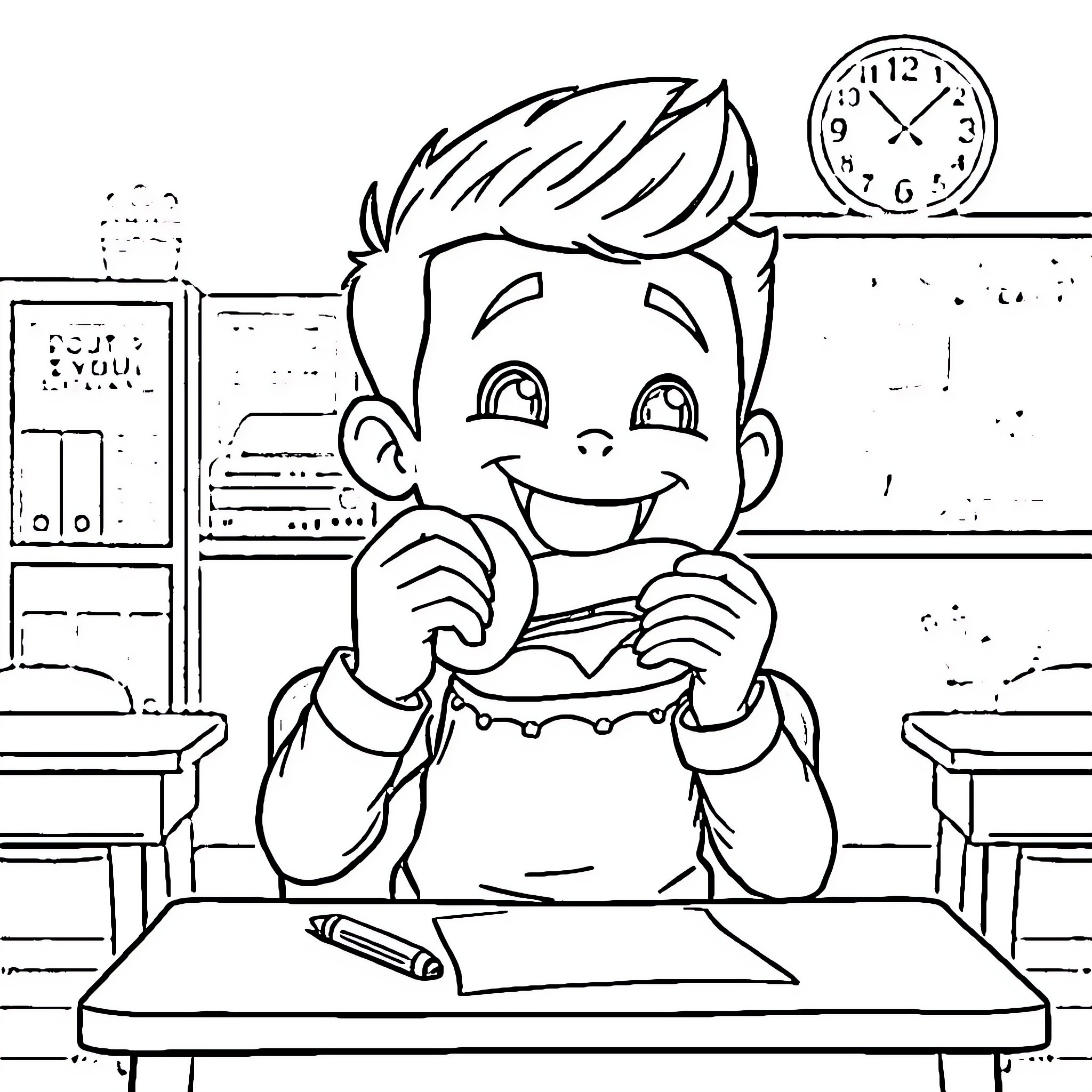 Boboiboy enjoying a tasty snack at school Coloring Page (free black-and-white line drawing printable PDF for all, from beginners to advanced learners, including children, teens, adults, and seniors)