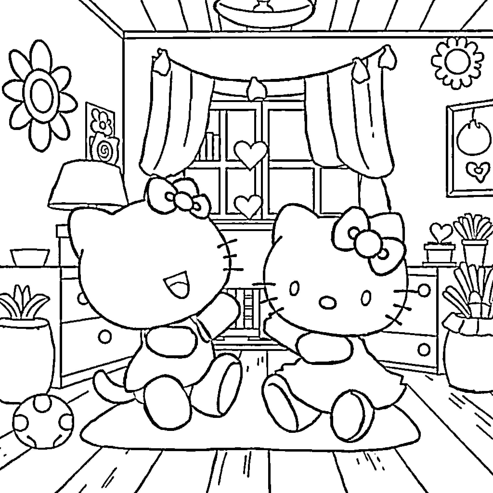 Bluie Kitties in Cozy Home Setting Coloring Page (free black-and-white line drawing printable PDF for all, from beginners to advanced learners, including children, teens, adults, and seniors)