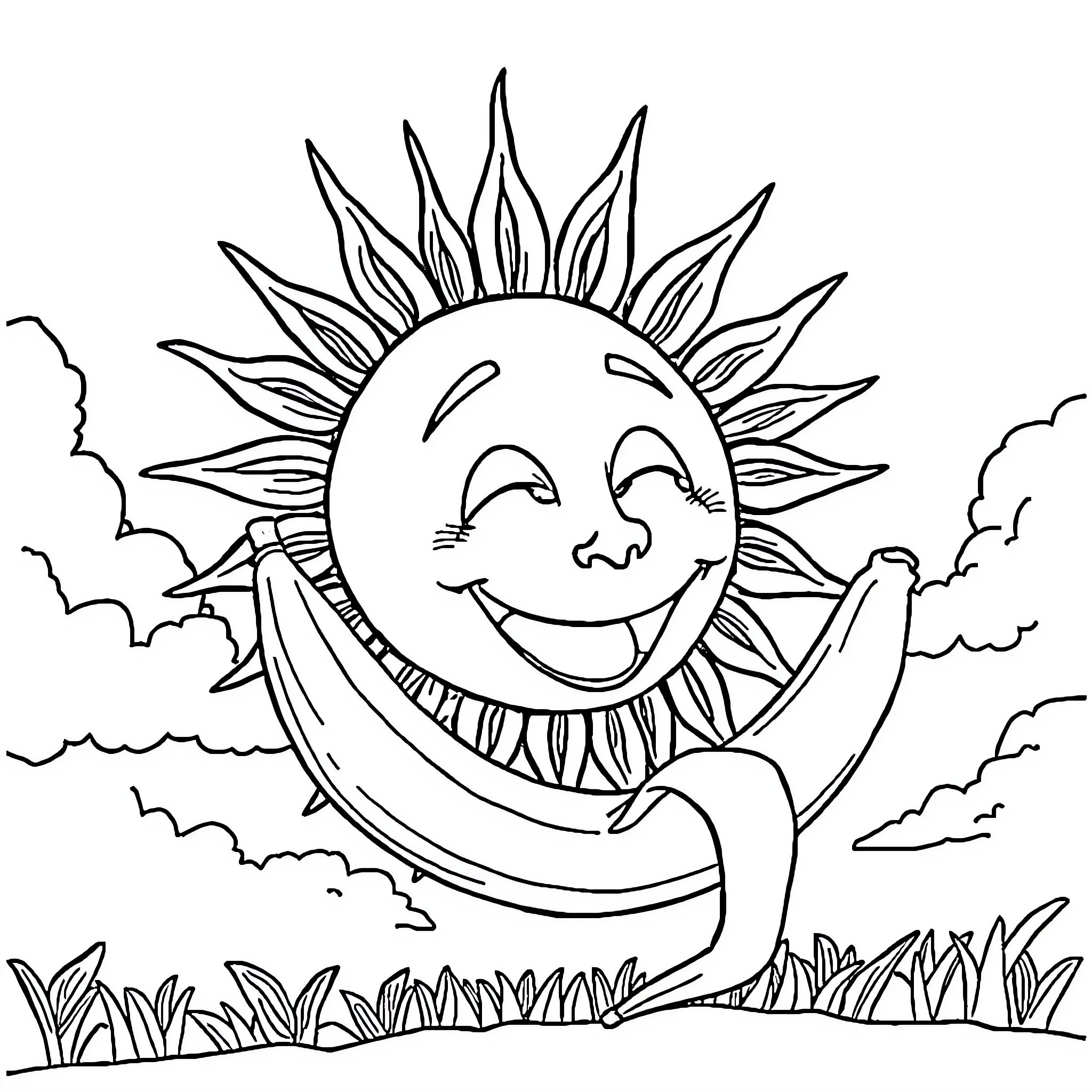 Sun shining joyfully in the clouds Coloring Page (free black-and-white line drawing printable PDF for all, from beginners to advanced learners, including children, teens, adults, and seniors)