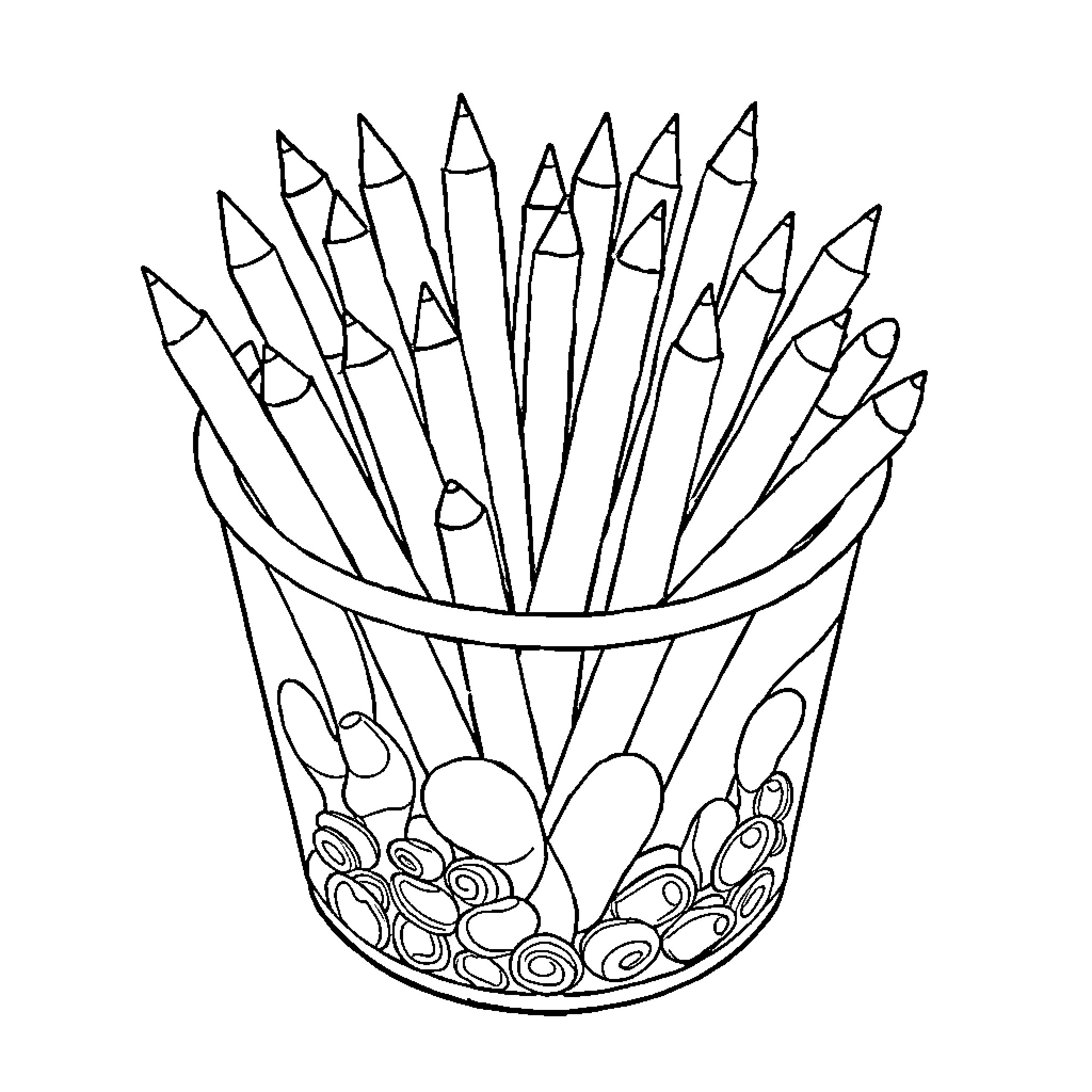 Zyn Pencils Arranged in Decorative Cup Coloring Page (free black-and-white line drawing printable PDF for all, from beginners to advanced learners, including children, teens, adults, and seniors)