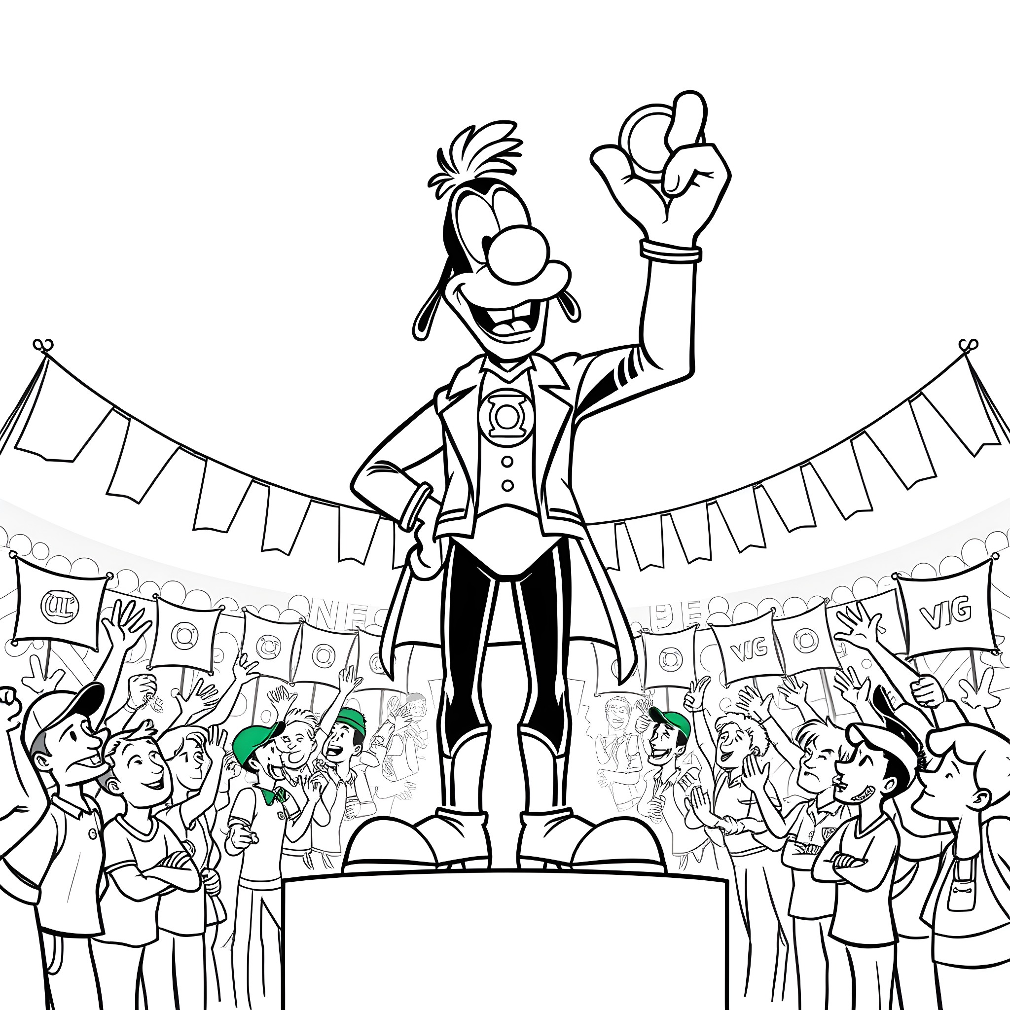 Goofy circus performer entertains the crowd Coloring Page (free black-and-white line drawing printable PDF for all, from beginners to advanced learners, including children, teens, adults, and seniors)