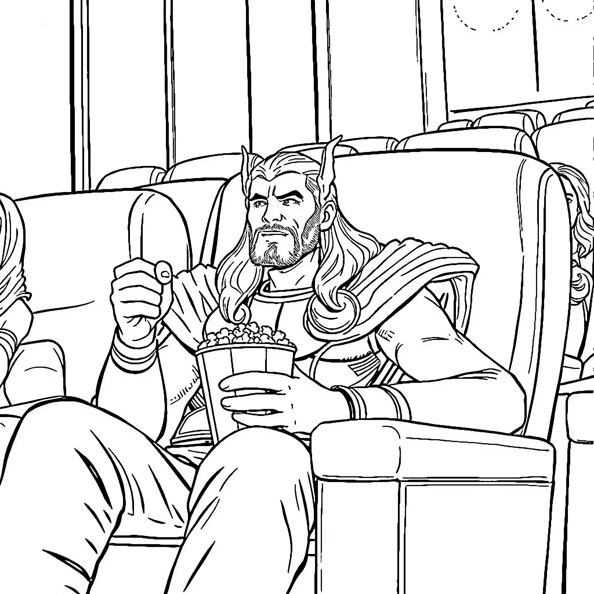 Thor enjoying a snack while relaxing in a theater Coloring Page (free black-and-white line drawing printable PDF for all, from beginners to advanced learners, including children, teens, adults, and seniors)