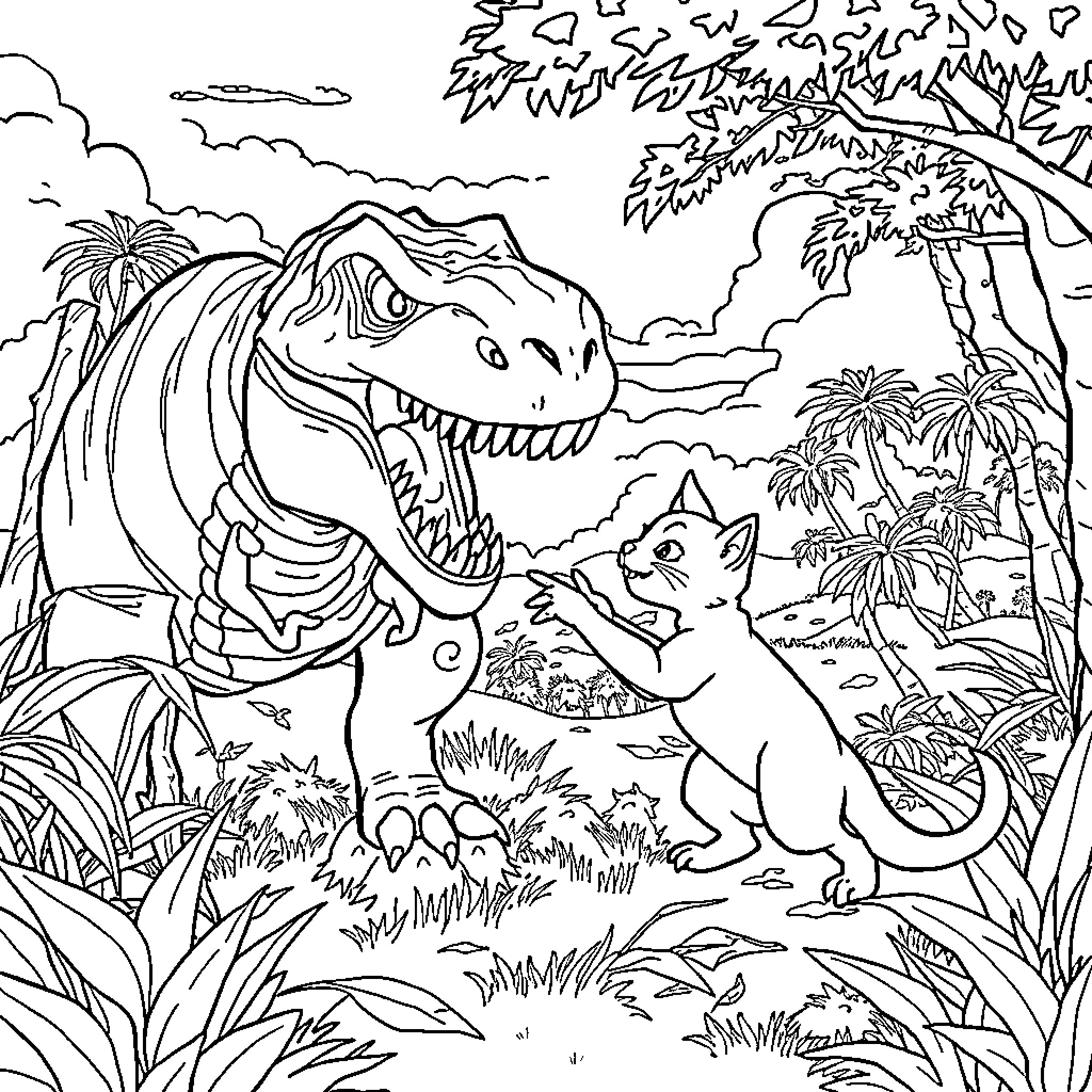 Cat exploring the prehistoric landscape Coloring Page (free black-and-white line drawing printable PDF for all, from beginners to advanced learners, including children, teens, adults, and seniors)