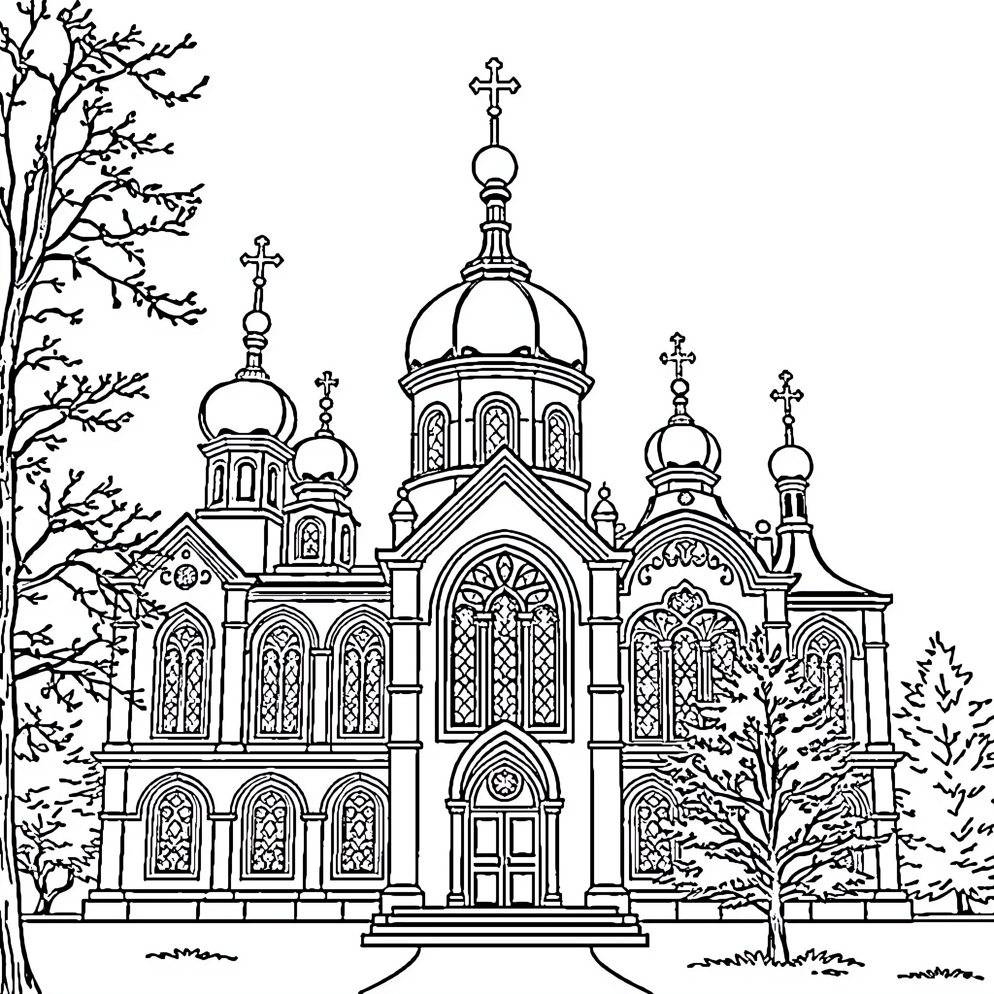 Orthodox Church with Ornate Domes and Architectural Details Coloring Page (free black-and-white line drawing printable PDF for all, from beginners to advanced learners, including children, teens, adults, and seniors)