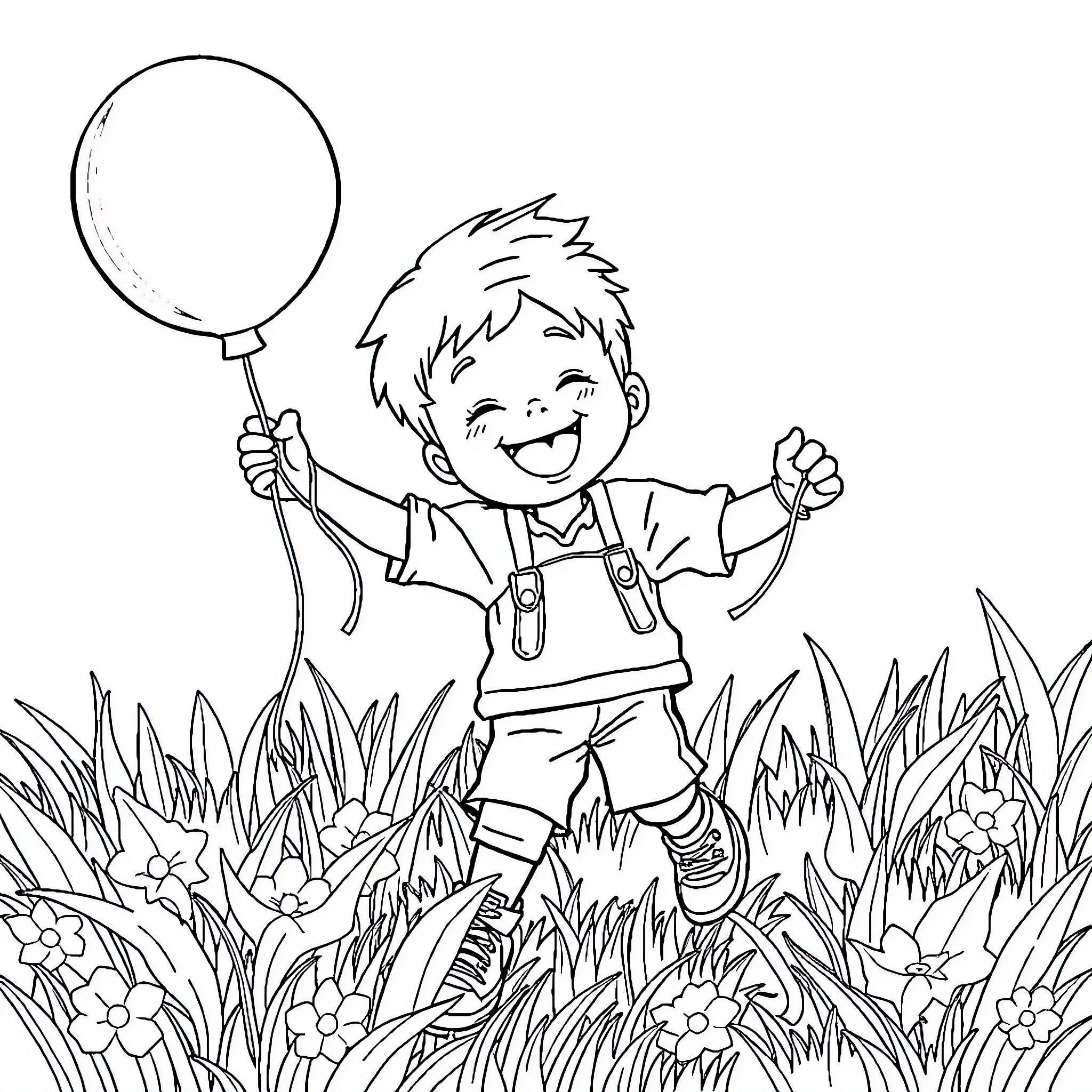 Child playing joyfully with balloon in garden Coloring Page (free black-and-white line drawing printable PDF for all, from beginners to advanced learners, including children, teens, adults, and seniors)