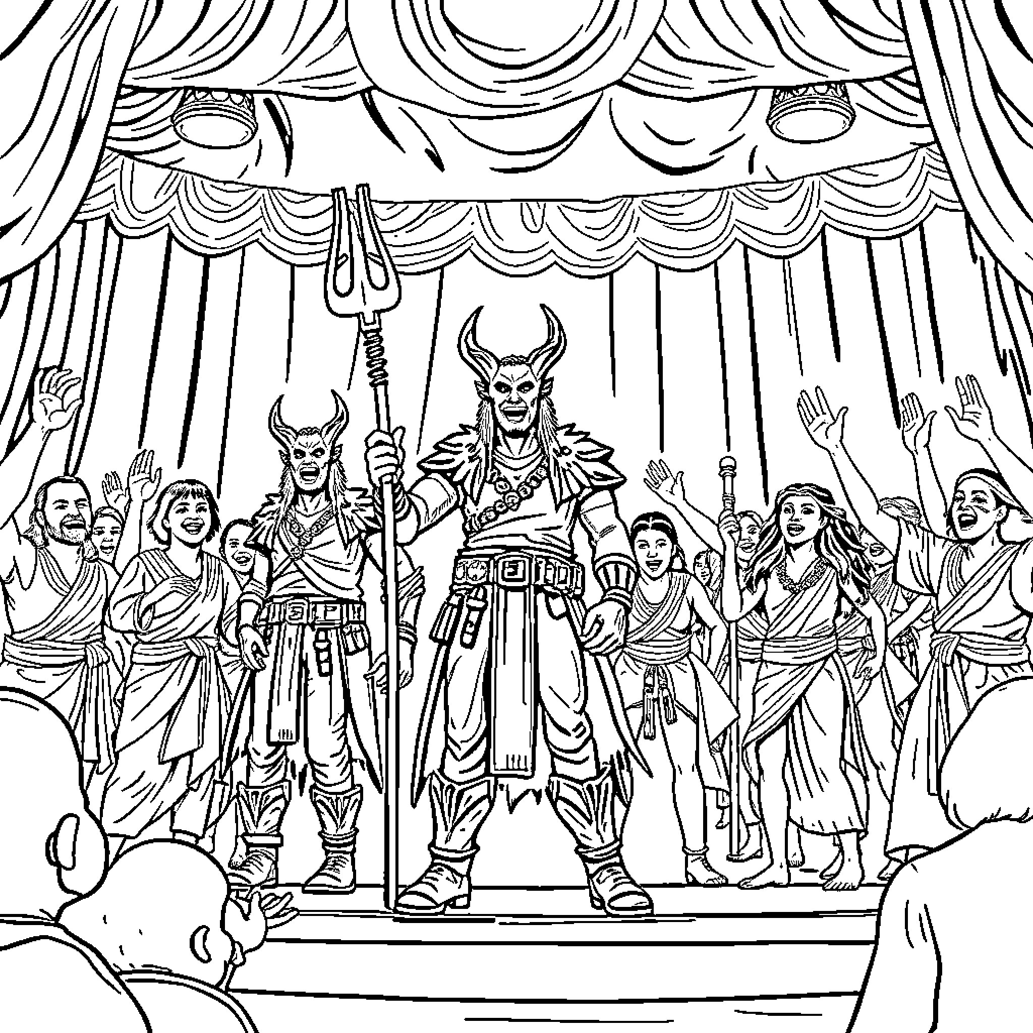 Demon Hunter leading a dramatic theatrical performance Coloring Page (free black-and-white line drawing printable PDF for all, from beginners to advanced learners, including children, teens, adults, and seniors)