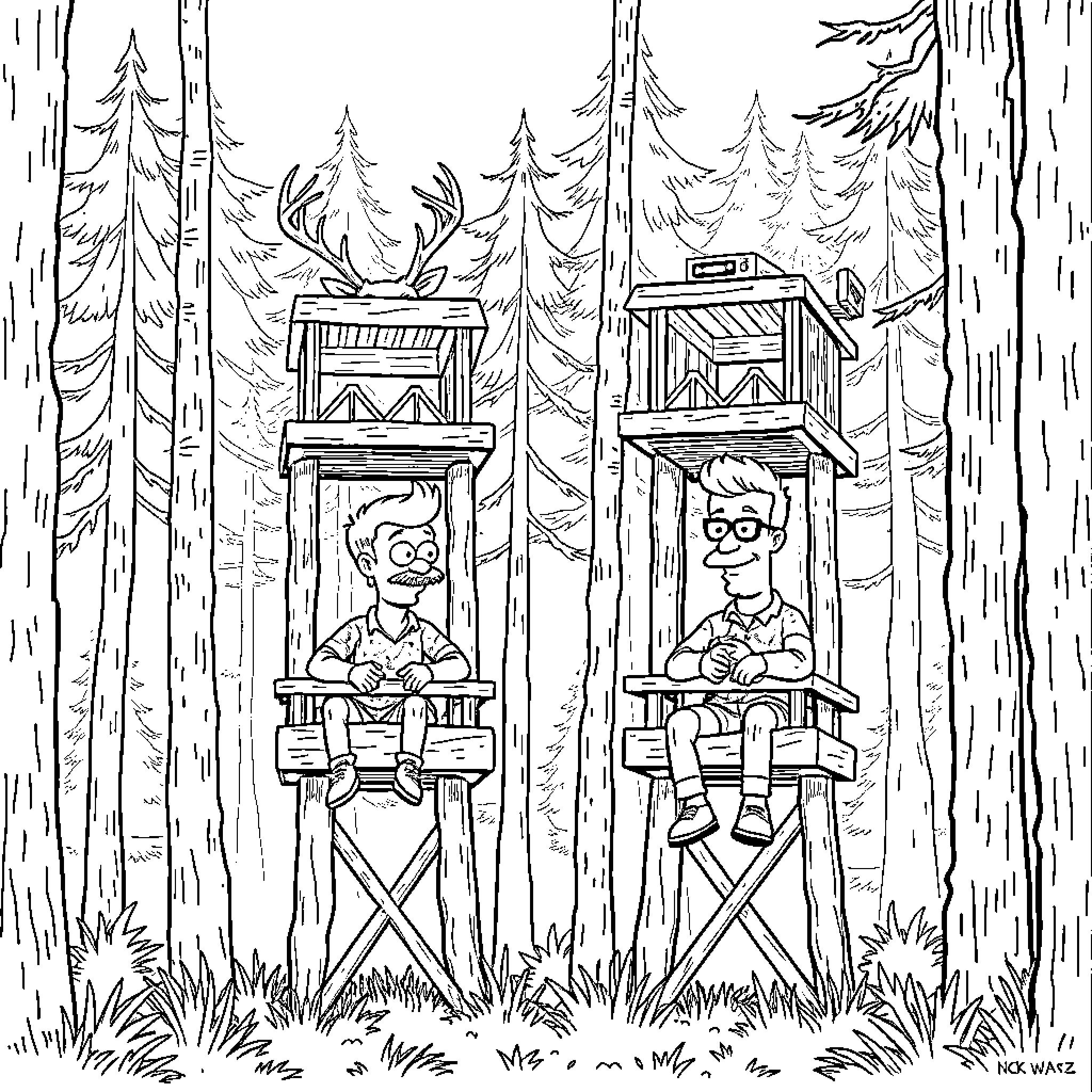 Deer spotting friends in forest towers Coloring Page (free black-and-white line drawing printable PDF for all, from beginners to advanced learners, including children, teens, adults, and seniors)