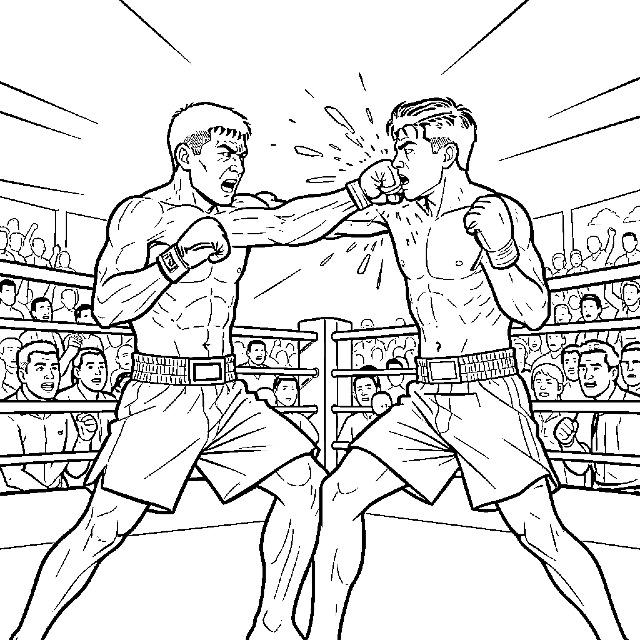 Max Holloway throwing a powerful punch in a boxing ring Coloring Page (free black-and-white line drawing printable PDF for all, from beginners to advanced learners, including children, teens, adults, and seniors)