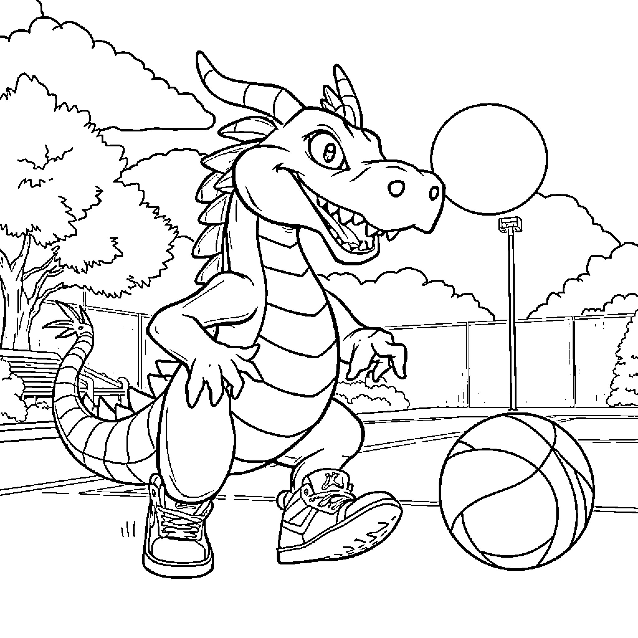 Dragon playing with a ball in a park Coloring Page (free black-and-white line drawing printable PDF for all, from beginners to advanced learners, including children, teens, adults, and seniors)