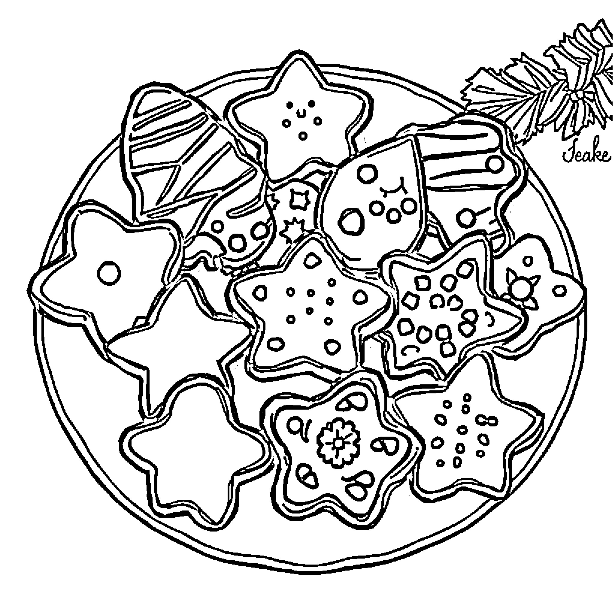 Cookie Decorations Arranged on a Plate Coloring Page (free black-and-white line drawing printable PDF for all, from beginners to advanced learners, including children, teens, adults, and seniors)