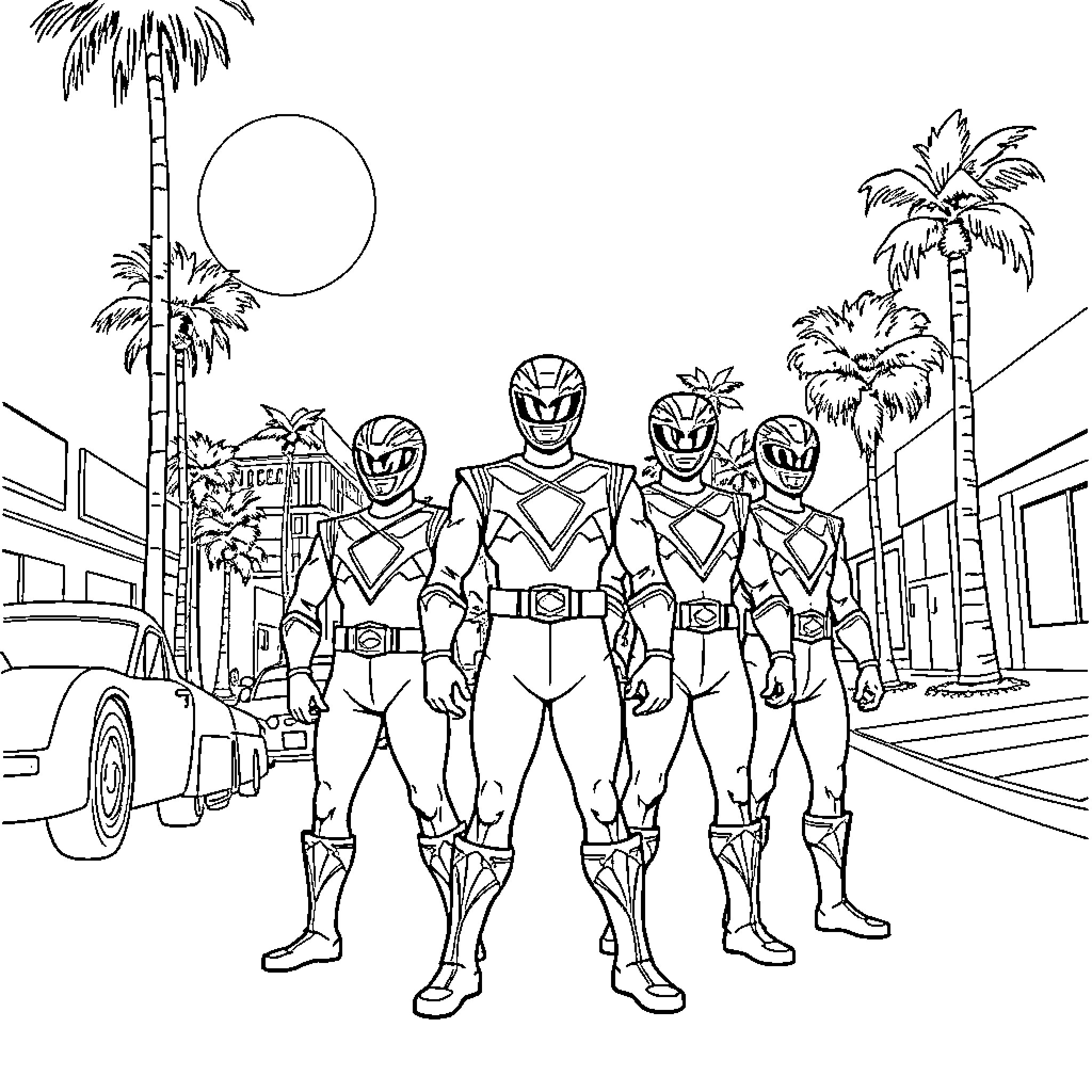 Power Rangers in action-packed urban setting Coloring Page (free black-and-white line drawing printable PDF for all, from beginners to advanced learners, including children, teens, adults, and seniors)
