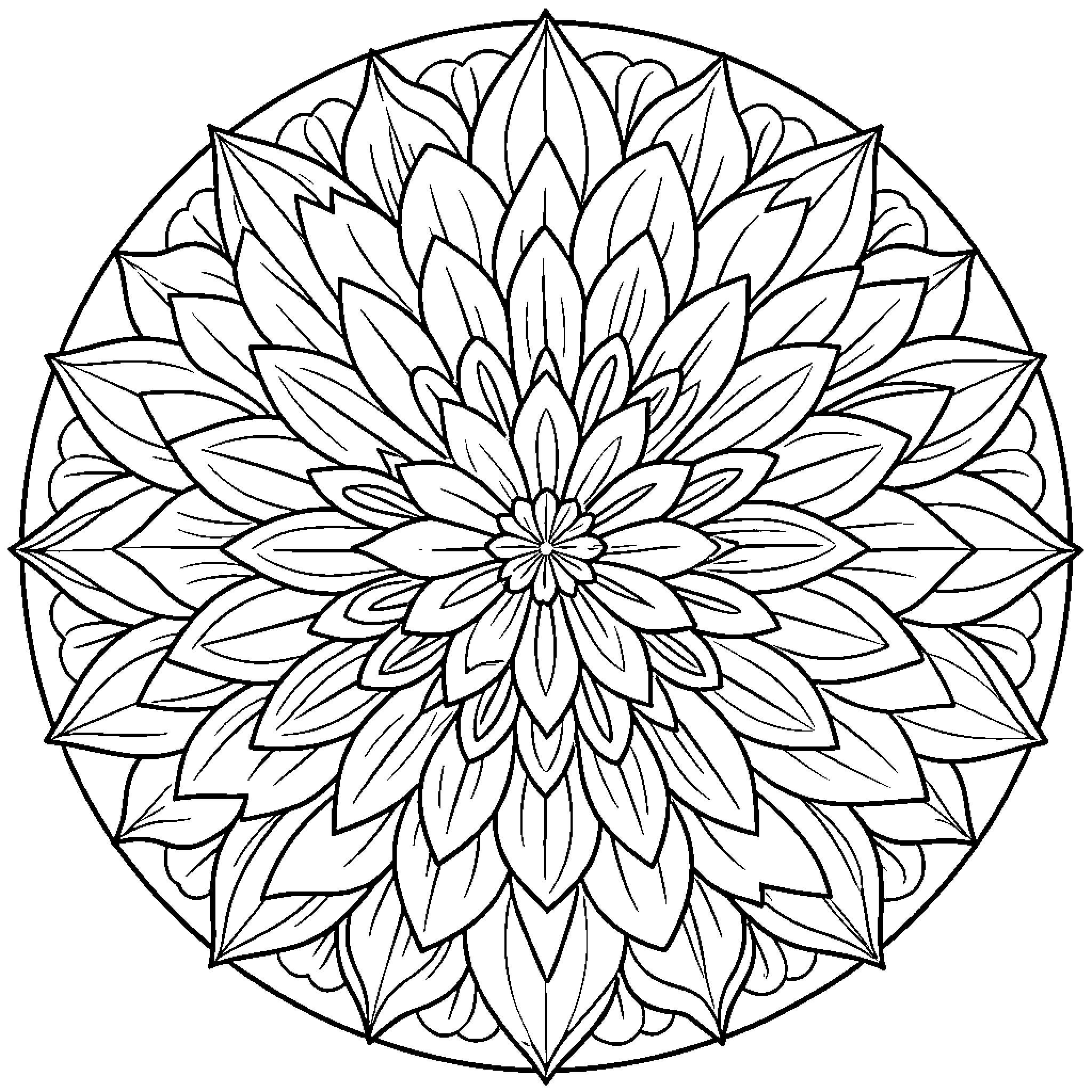 Flower Mandala with Intricate Petals Coloring Page (free black-and-white line drawing printable PDF for all, from beginners to advanced learners, including children, teens, adults, and seniors)