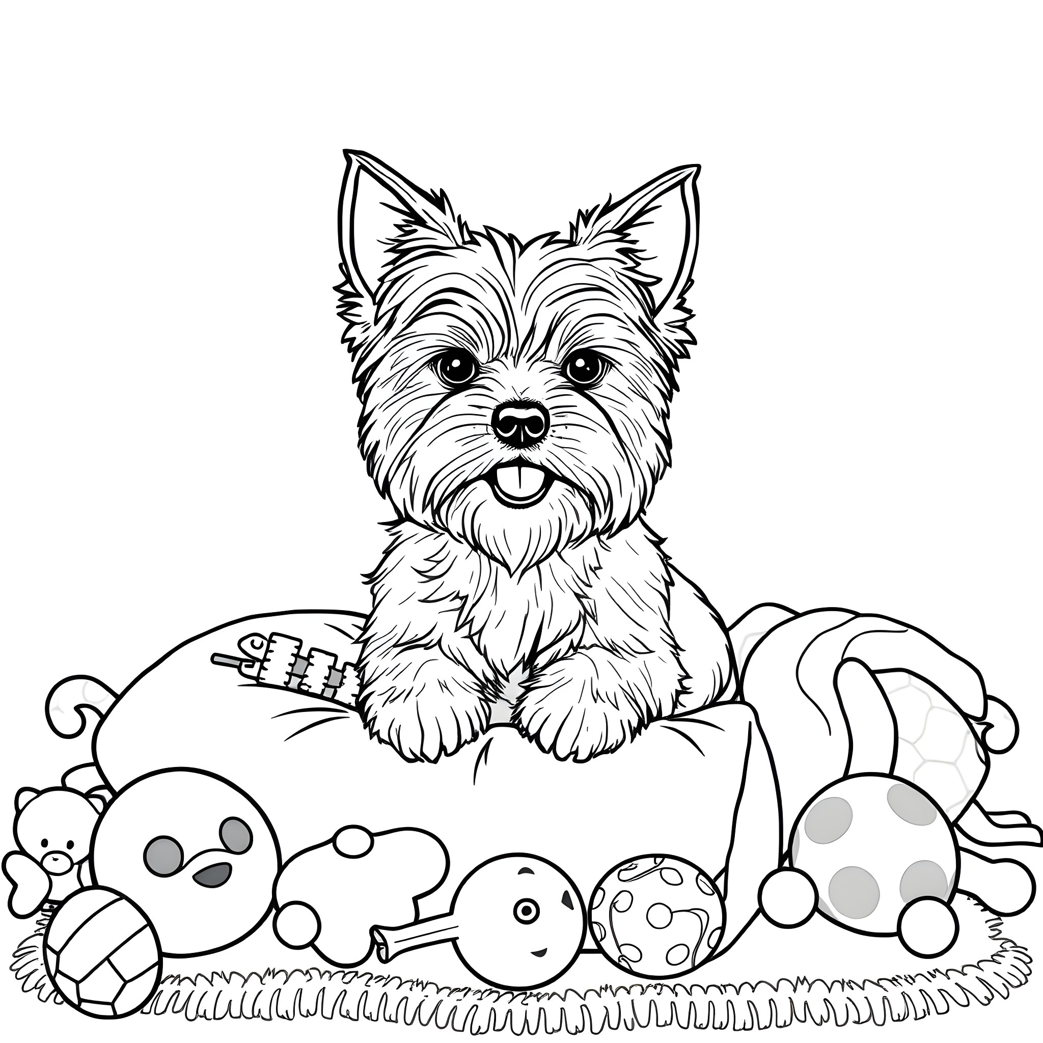 Yorkie surrounded by adorable toys Coloring Page (free black-and-white line drawing printable PDF for all, from beginners to advanced learners, including children, teens, adults, and seniors)