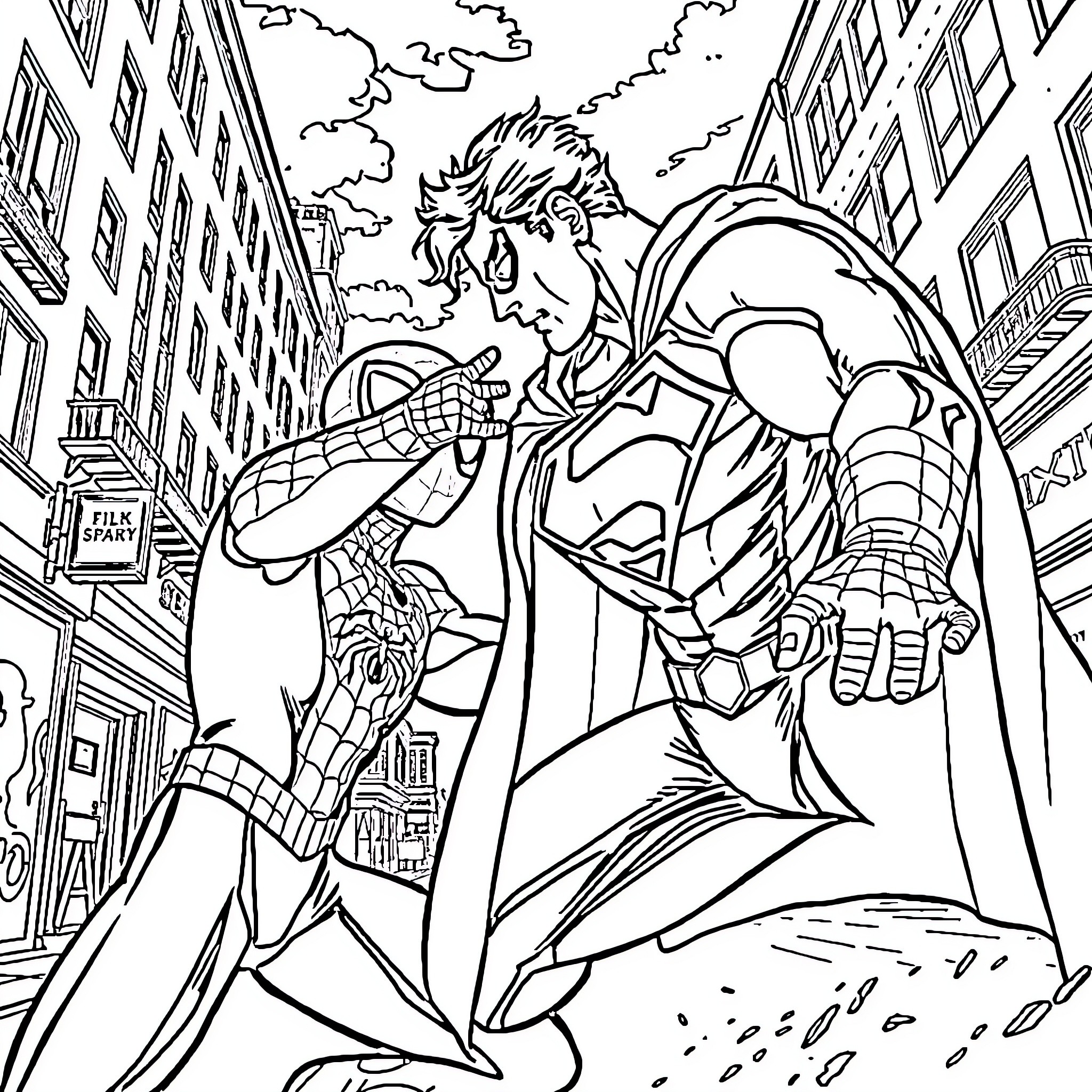 Spiderman fighting villains in the city streets Coloring Page (free black-and-white line drawing printable PDF for all, from beginners to advanced learners, including children, teens, adults, and seniors)